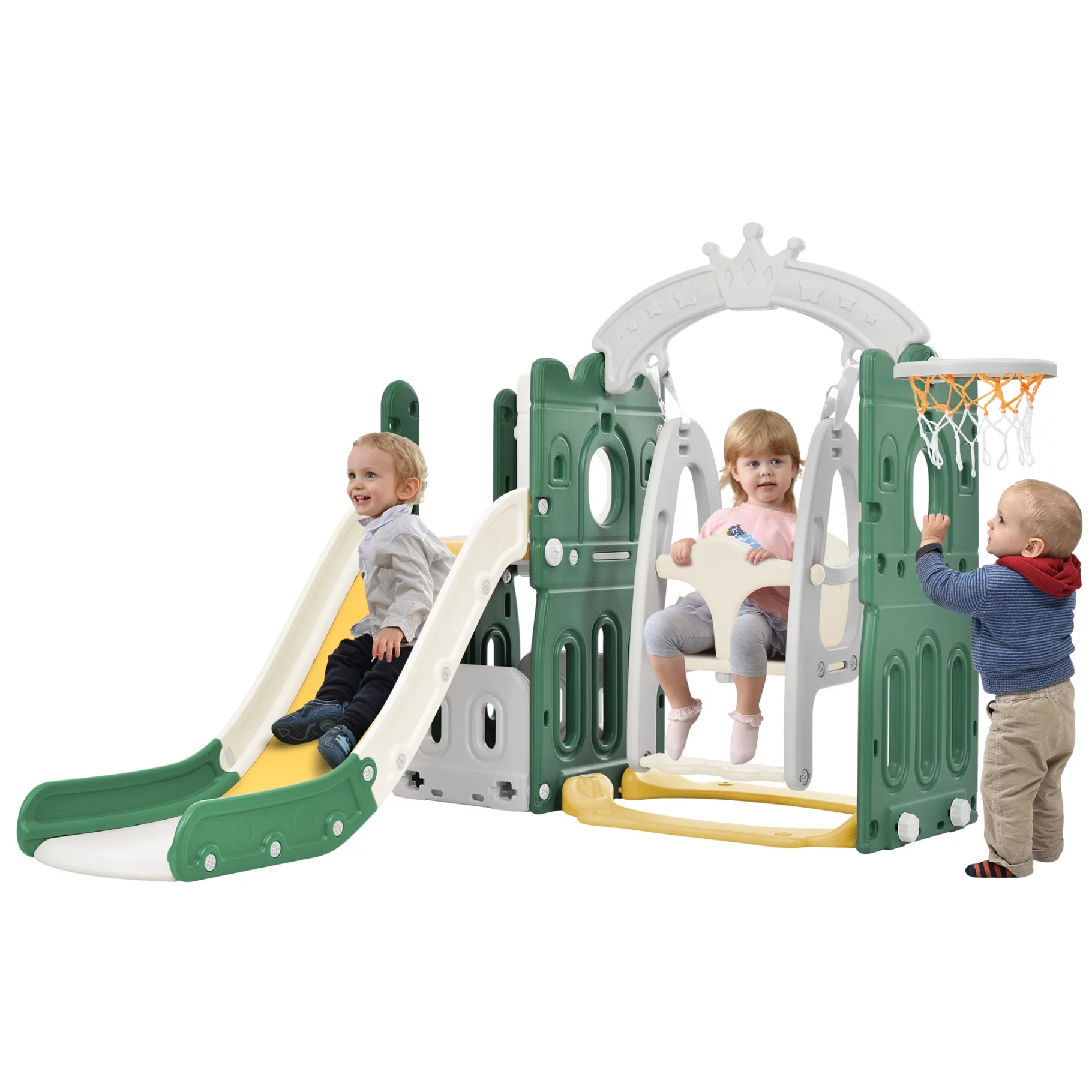 5-in-1 Toddler Slide and Swing Set, Indoor Outdoor Slide Climber Bus Playset with Basketball Hoop Freestanding Combination, Kids Playground Climber Slide Playset, Outdoor Playground Slide, Gray