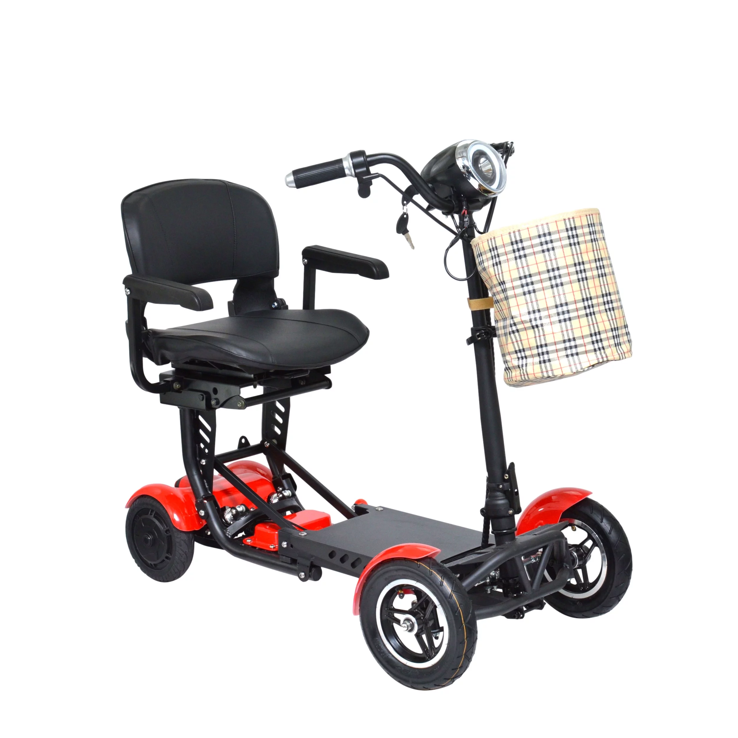 Heavy Duty Folding Power Scooter 300 lbs Capacity Up to 12 Miles LED Headlight and Brake Lights RED Color