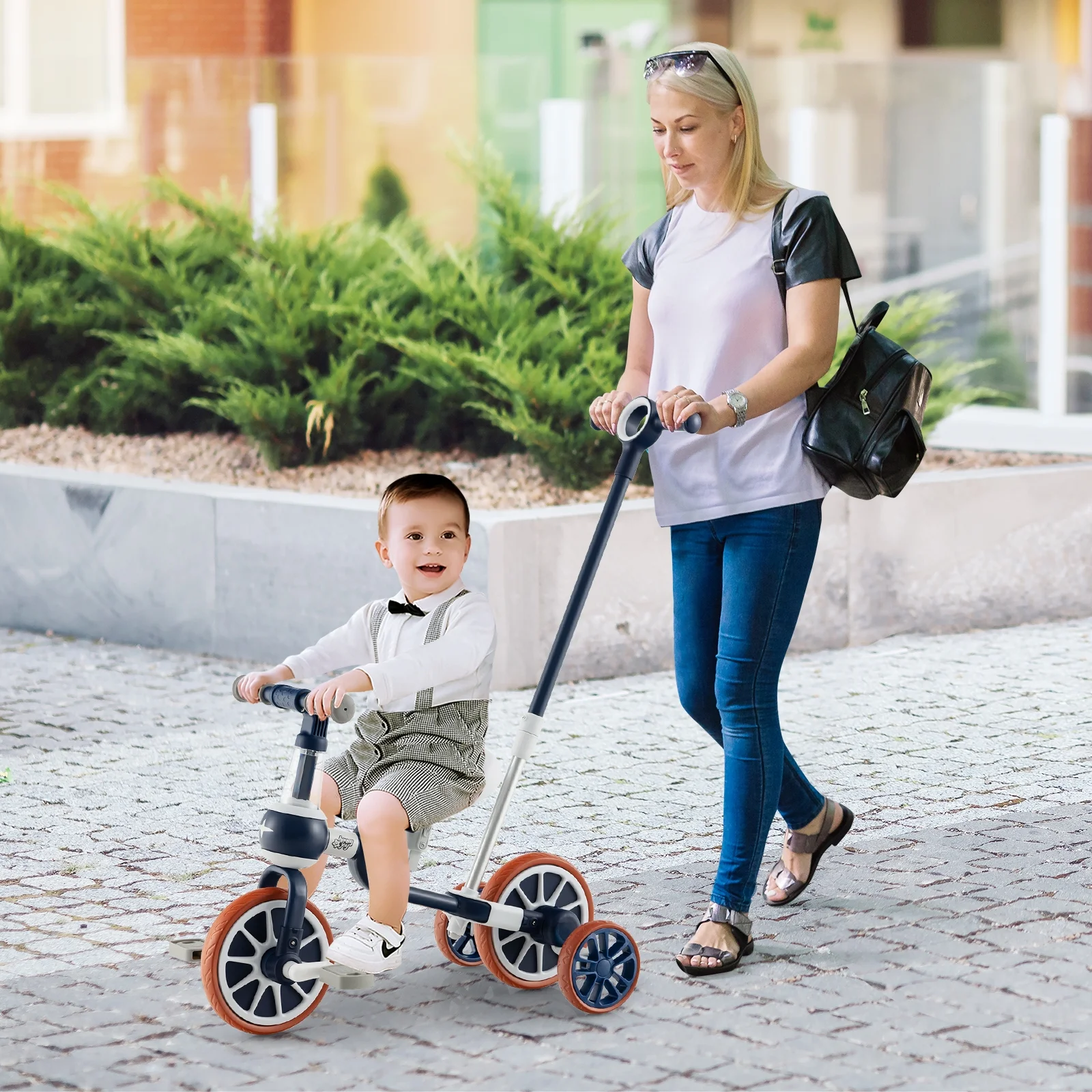 Infans 4 in 1 Kids Tricycles w/ Push Handle & Training Wheels Baby Balance Bike Navy