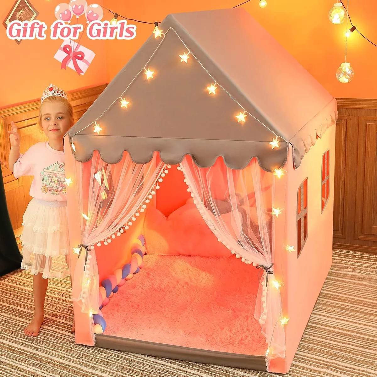 Princess Tent Star Light String and 2pcs Windows Playhouse Tent Large Space Fairy Castle Tent for Reading and Relaxing Play Tent for Kids Christmas Gift 49.2 x 37.4 x 53.1″