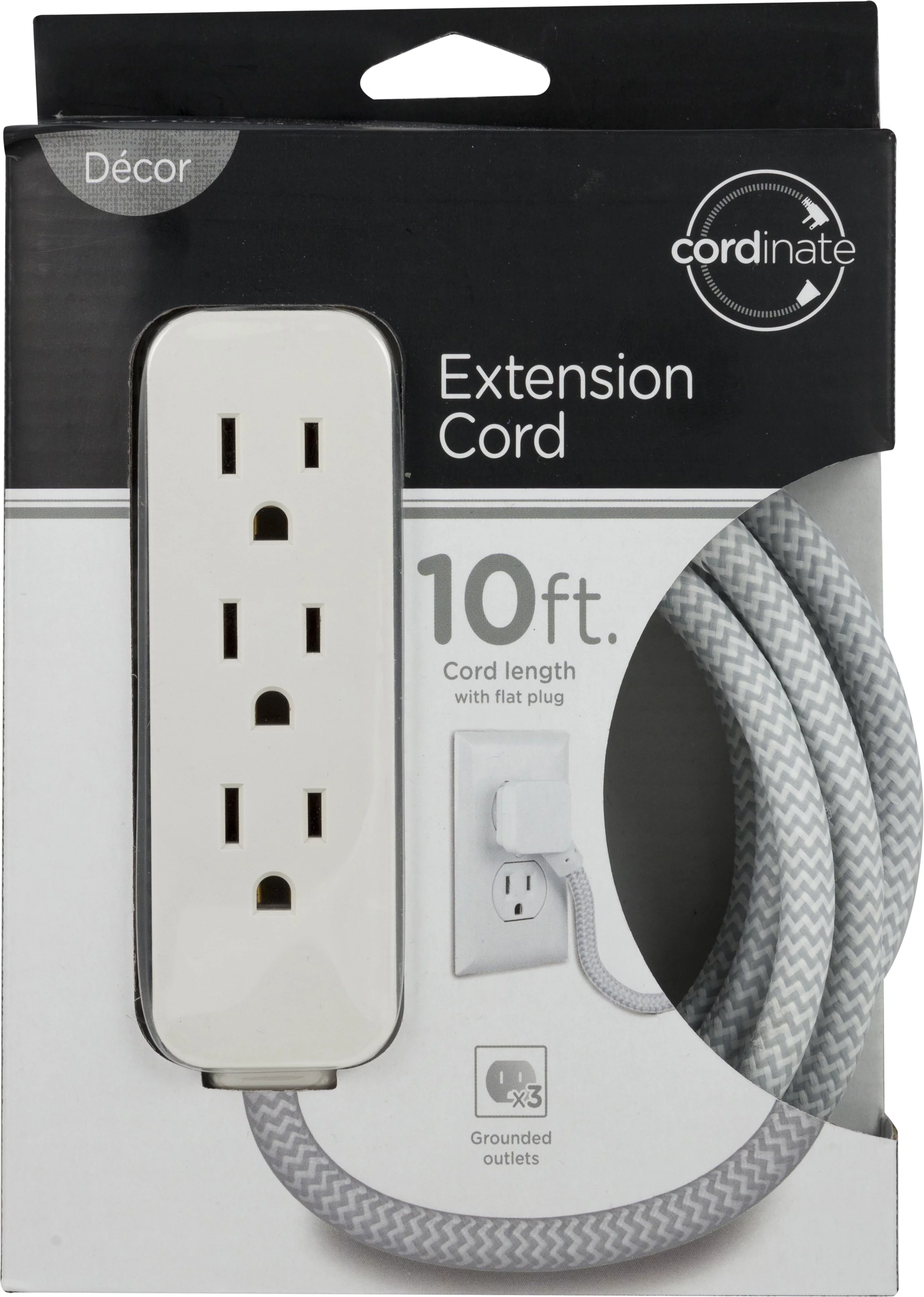 Cordinate Designer Extension Cord, 3-Outlet 10-Foot Cord, Black, 42024