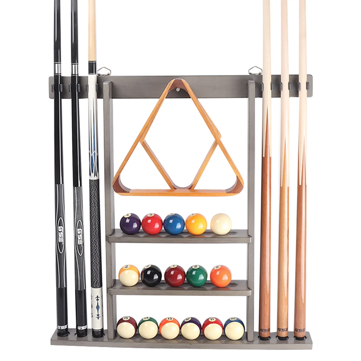 GSE Games & Sports Expert Billiard Pool Cue Stick Hanging Wall Mounting Rack. Holds 6 Pool Cue Stick, Billiard Ball Rack and Pool Ball – Black