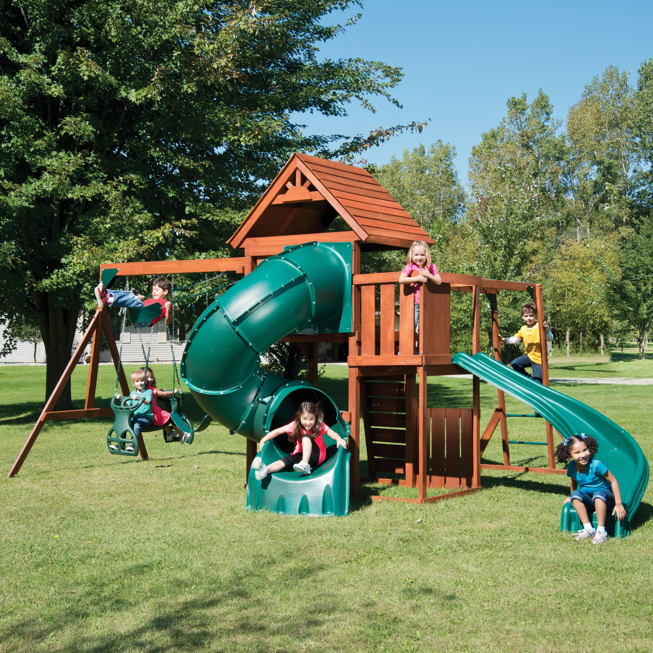 Swing-N-Slide Grandview Twist Wood Backyard Swing Set with Tube Slide, Curved Slide, Wood Roof, Monkey Bars and Swings