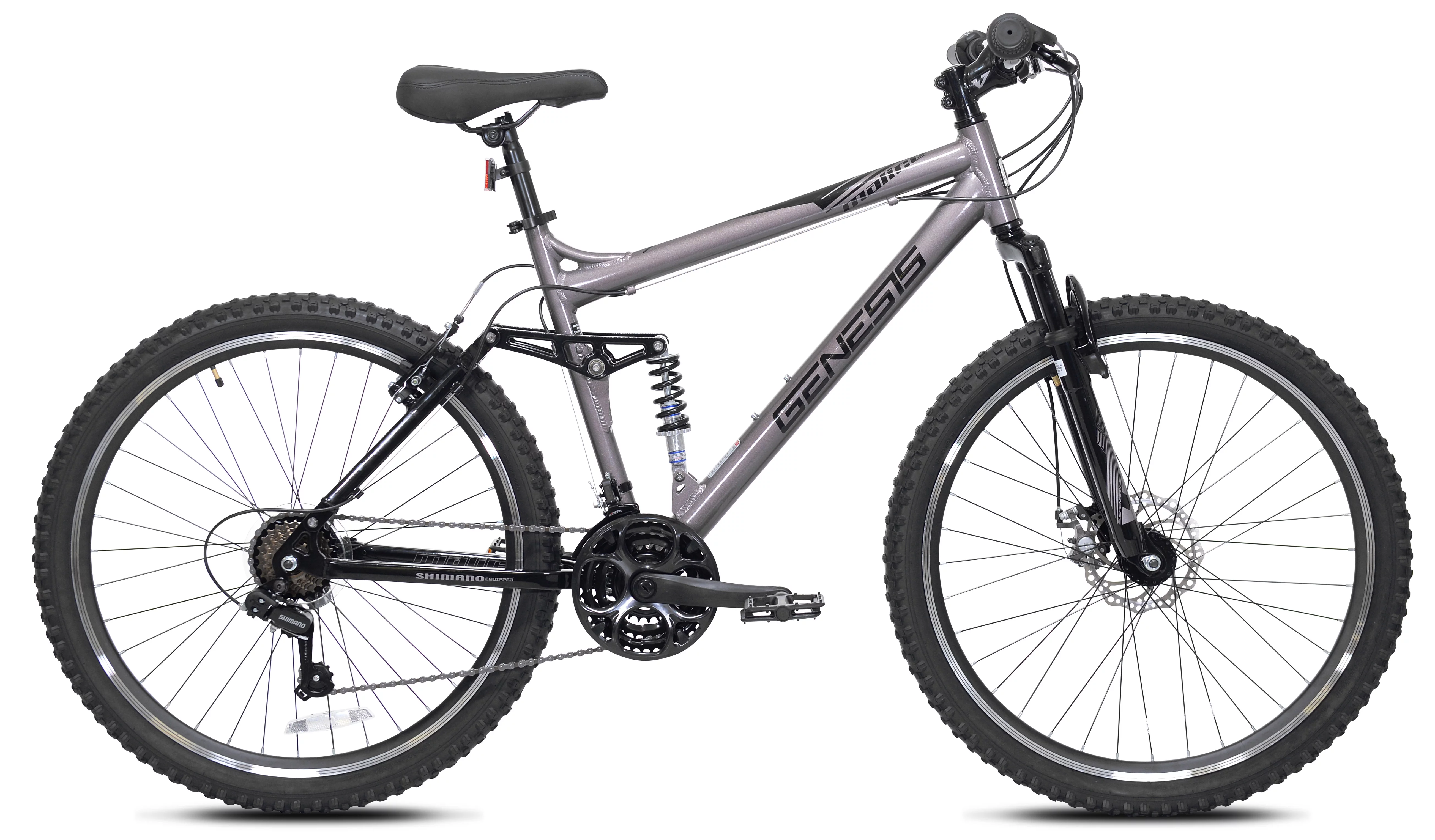 Genesis 26-inch Malice Men’s Aluminum Full Suspension Mountain Bicycle, Metallic Gray