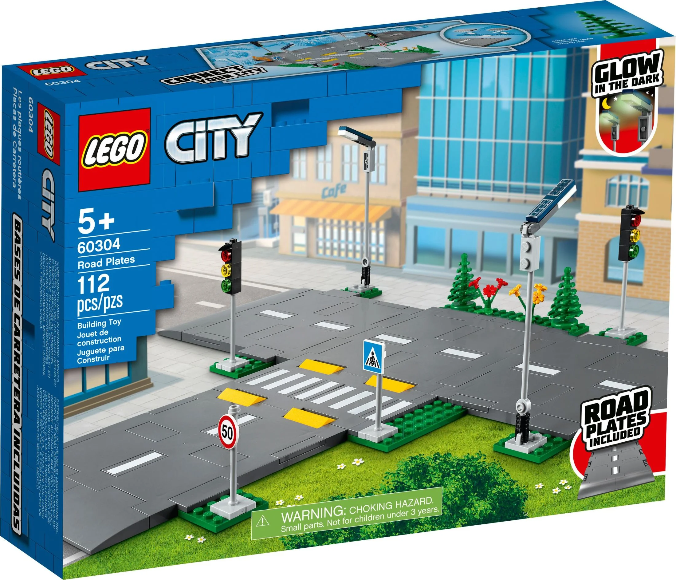 LEGO City Road Plates Building Toy Set, 60304 with Traffic Lights, Trees & Glow in the Dark Bricks, Gifts for 5 Plus Year Old Kids, Boys & Girls