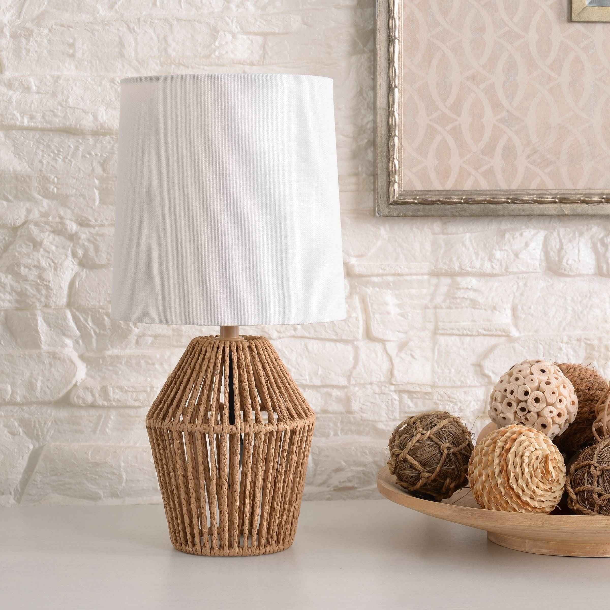 Mainstays Mini Rattan Table Lamp with Shade 12.75″H- Natural Color Finish and Boho Style