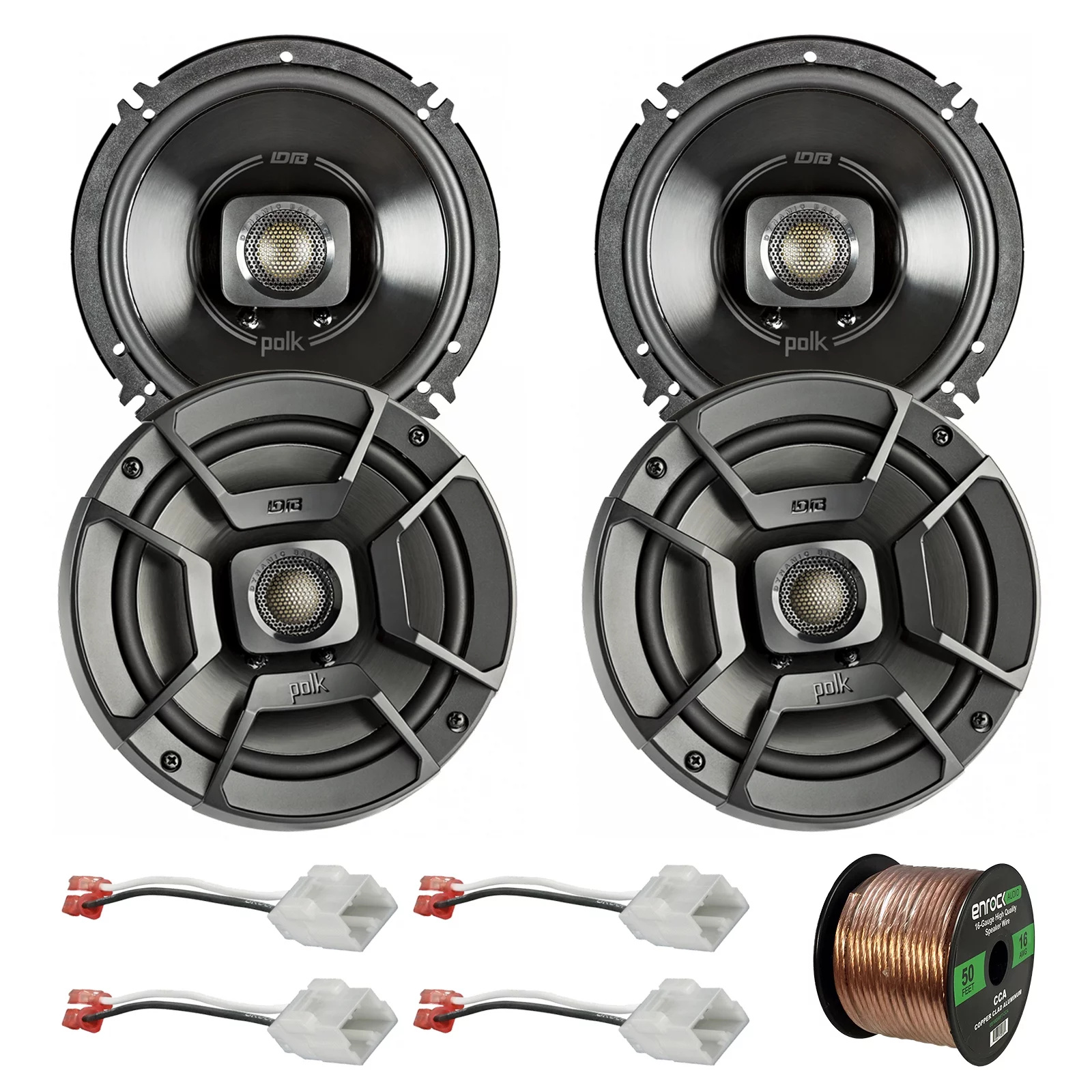 4x Polk Audio 6.5″ 300W 2 Way Car/Marine ATV Stereo Coaxial Speakers DB652, 4x Metra 72-6514 Speaker Harness for Select Chrysler/Dodge Vehicles, Enrock Audio 16-Gauge 50 Foot Speaker Wire