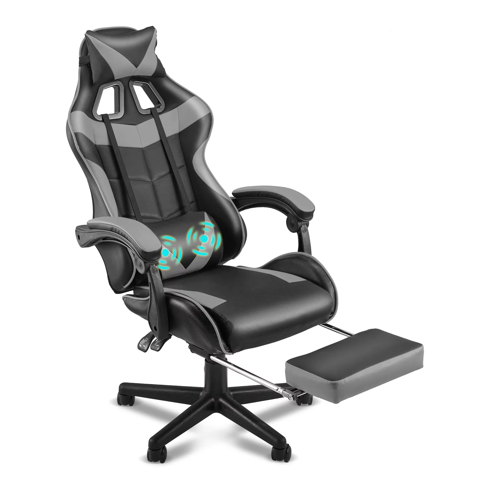 Soontrans Gaming Chair Office Chair, Massage Computer Chair with Adjustable Headrest & Lumbar Support & Footrest, Ergonomic High Back Game Gamer Chair for Adults Kids, Blue