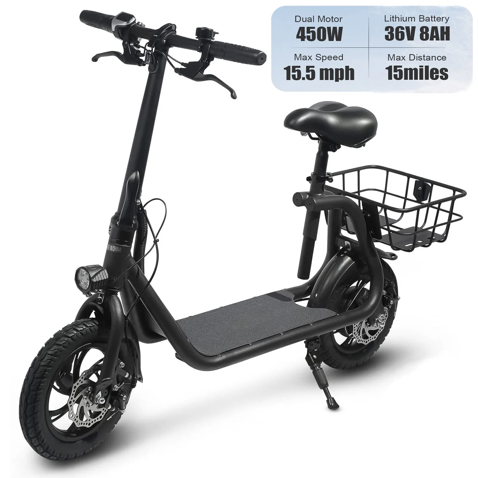 450W Electric Scooter for Adults Foldable Moped Commuter w/ Seat & Carry Basket