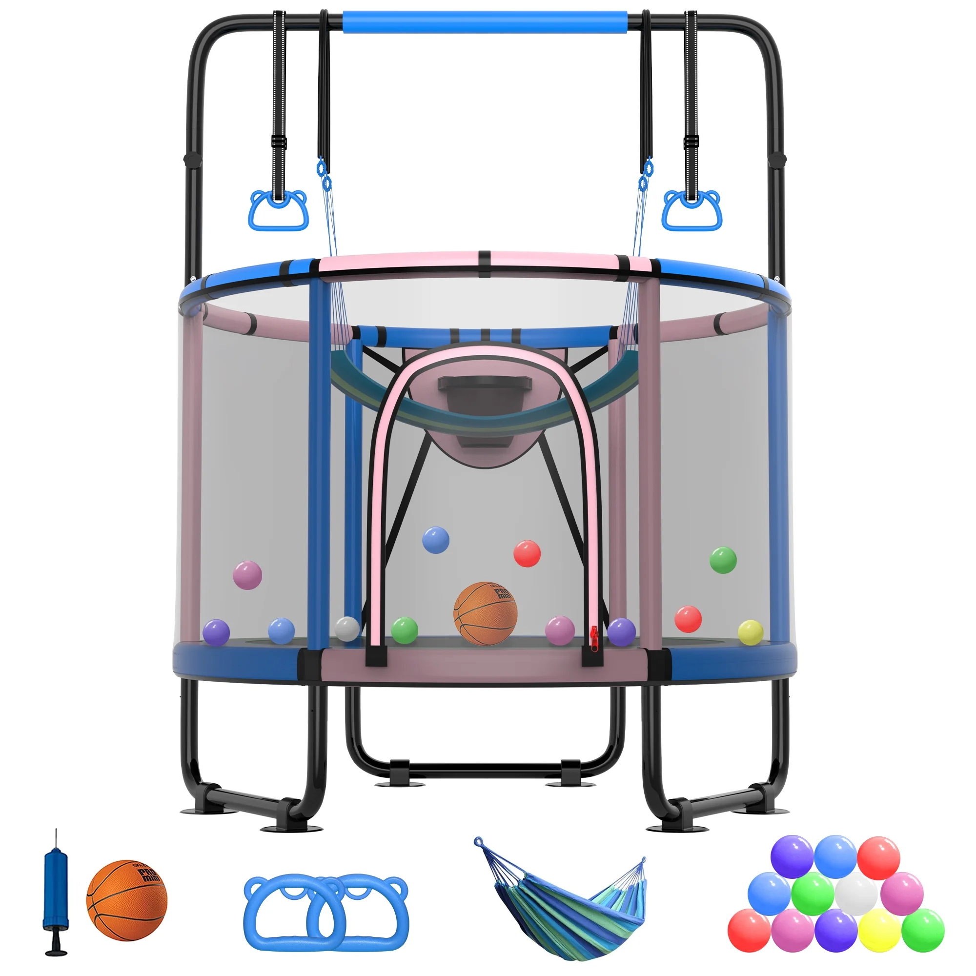 CITYLE Trampoline for Kids 600LBS 60” 5FT Toddler Trampoline Indoor Outdoor with Basketball Hoop, Swing, Adjustable Bar, Mini Small Trampoline with Enclosure, Gifts for Toddlers, Boys & Girls