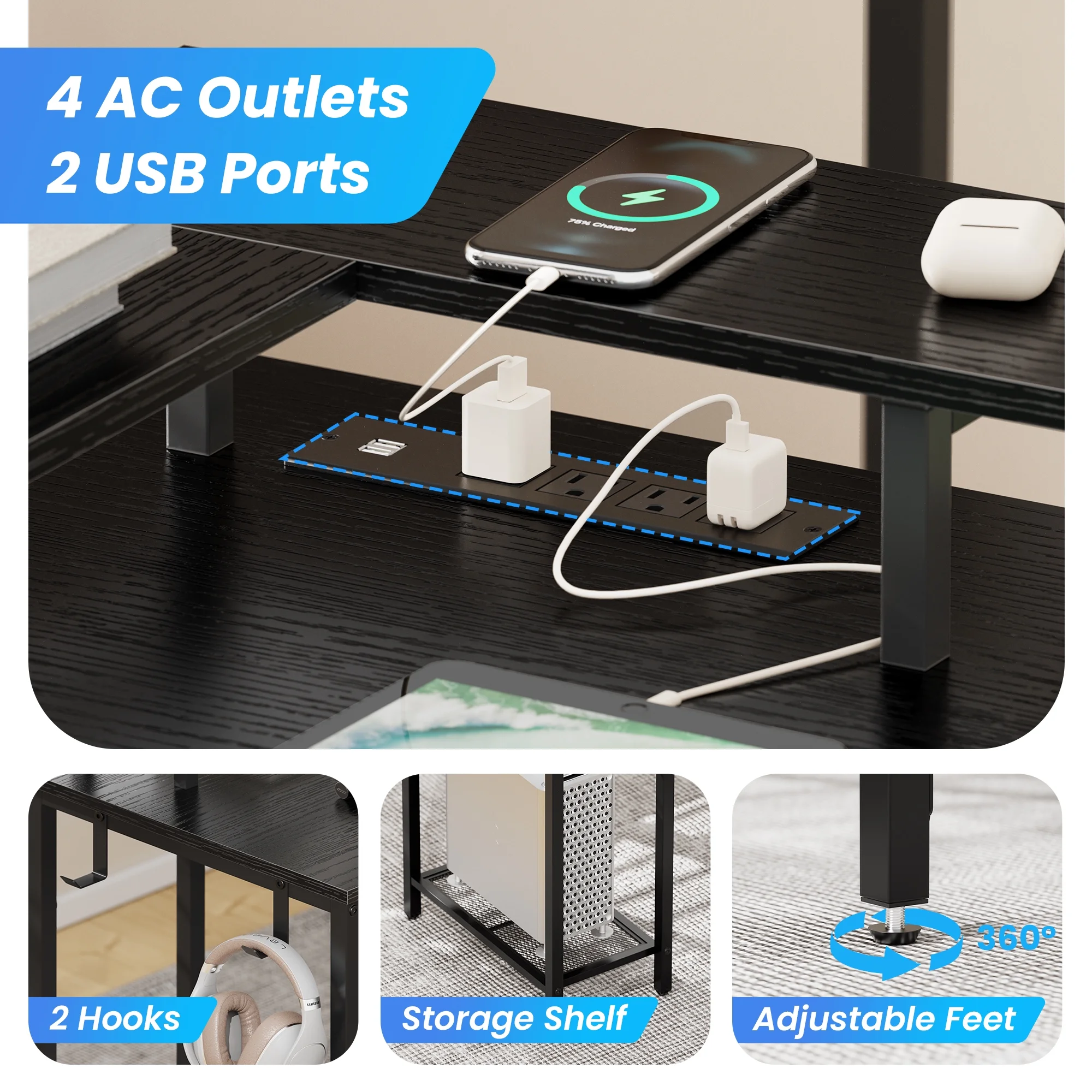 SUPERJARE L Shaped Desk with Outlets & USB Ports, Gaming Desk with LED Light Strip, Corner Computer Desk, L Office Desk, Monitor Stand, Hooks, and Storage Shelves, Black