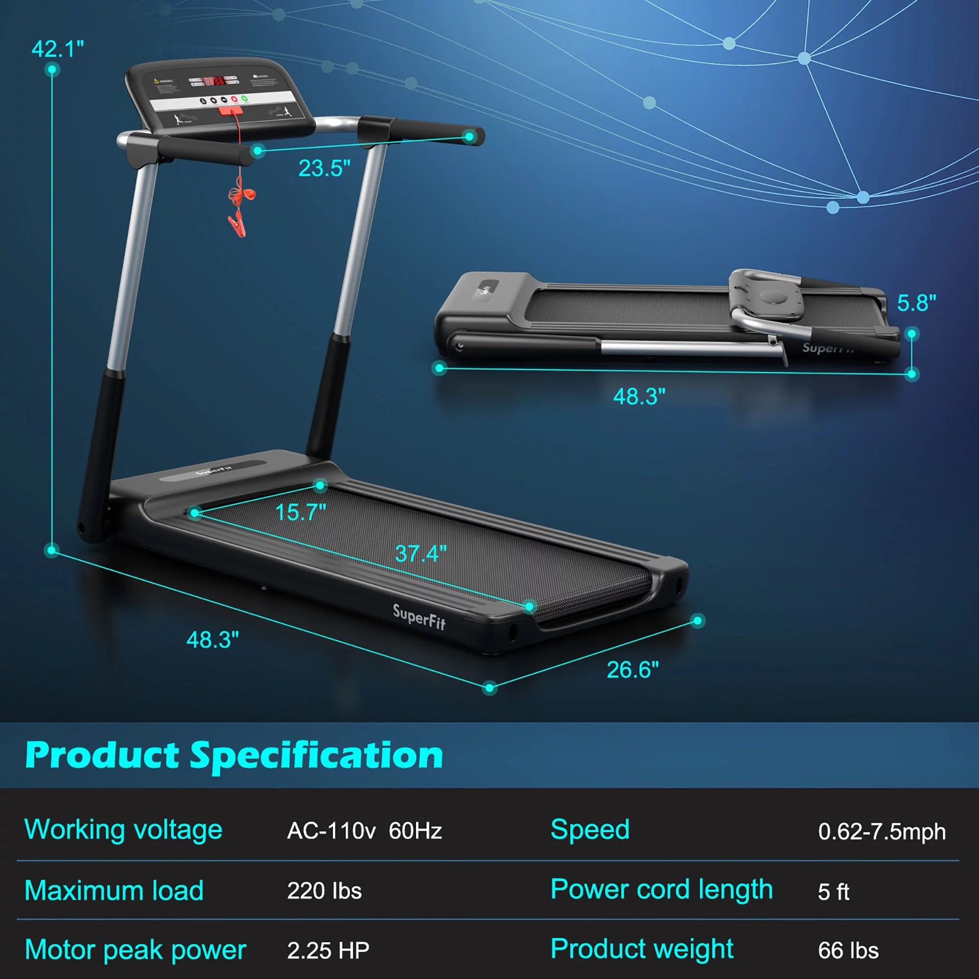 Gymax 2.25HP Folding LED Treadmill Electric Running Walking Machine w/ APP Control Gym