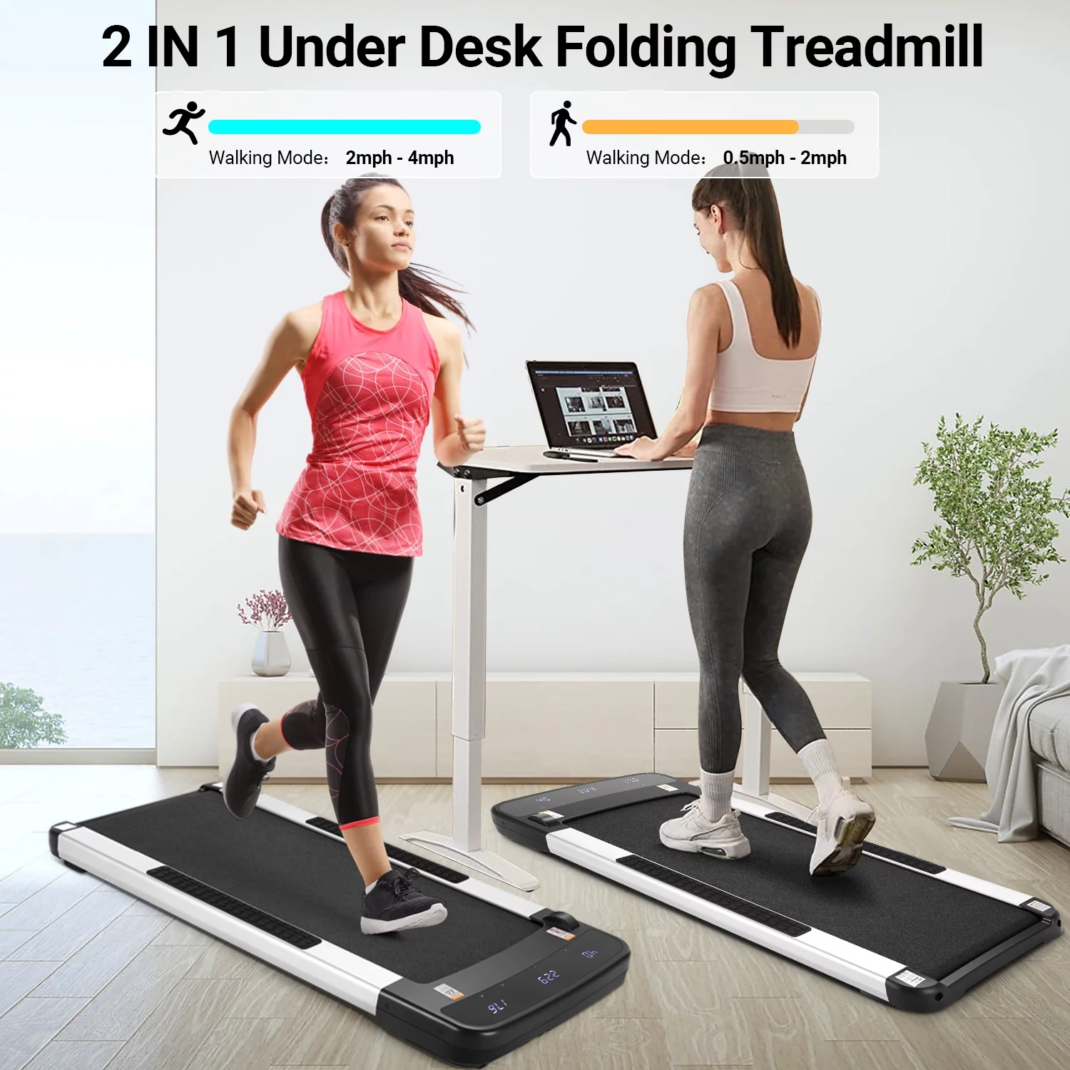 Tikmboex 2 in 1 Folding Treadmill with Remote Control, 2.25HP Under Desk Walking Pad Treadmill for Home Office with LED Touch Screen, , Compact Space Electric Treadmill