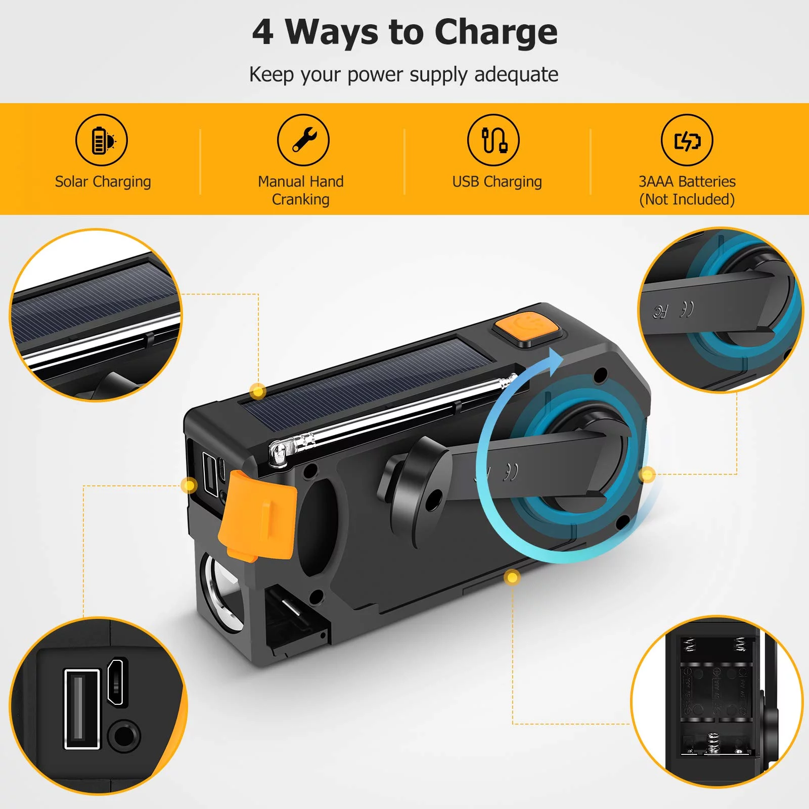 Doosl Emergency Weather Radio, FM/AM/Noaa Hand Crank Flashlight Solar Radios with Cell Phone Charge, SOS Alarm, Orange