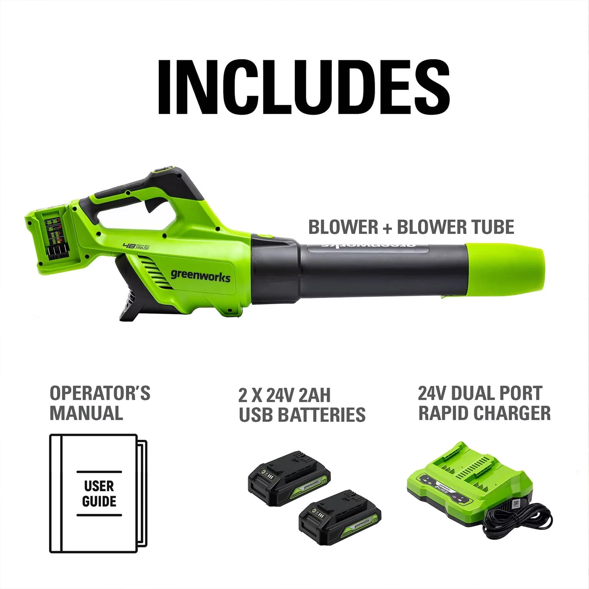 Greenworks 48V Brushless Leaf Blower 515CFM 125MPH with 2 (24V) 2.0Ah Batteries & 4A Dual Port Charger