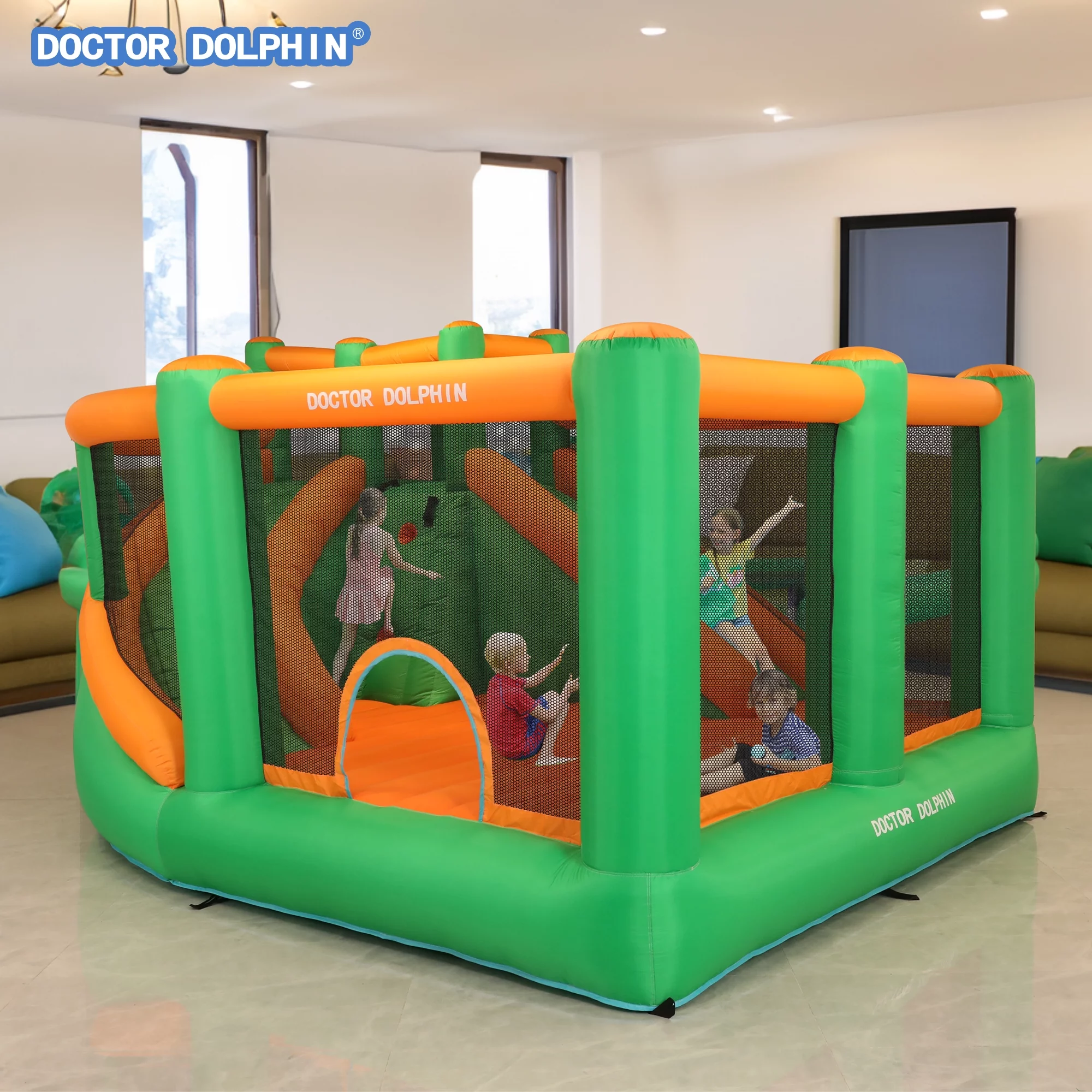 Doctor Dolphin Inflatable Bounce House, Bouncy Castle Bouncer Playhouse with Double Slide,Spacious Jumping Area,Air Blower for Toddlers and Kids