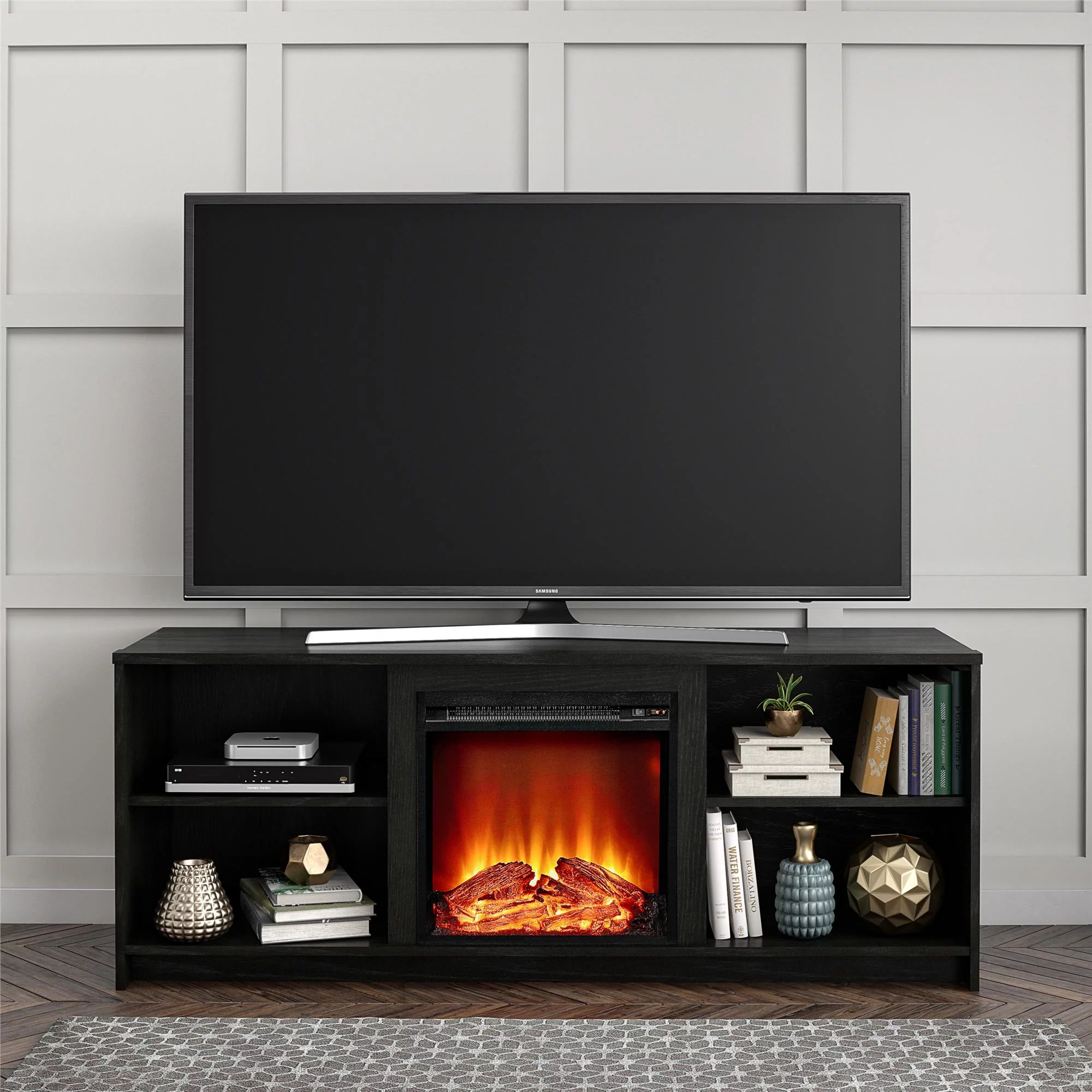 Mainstays Fireplace TV Stand for TVs up to 65″, Black Oak