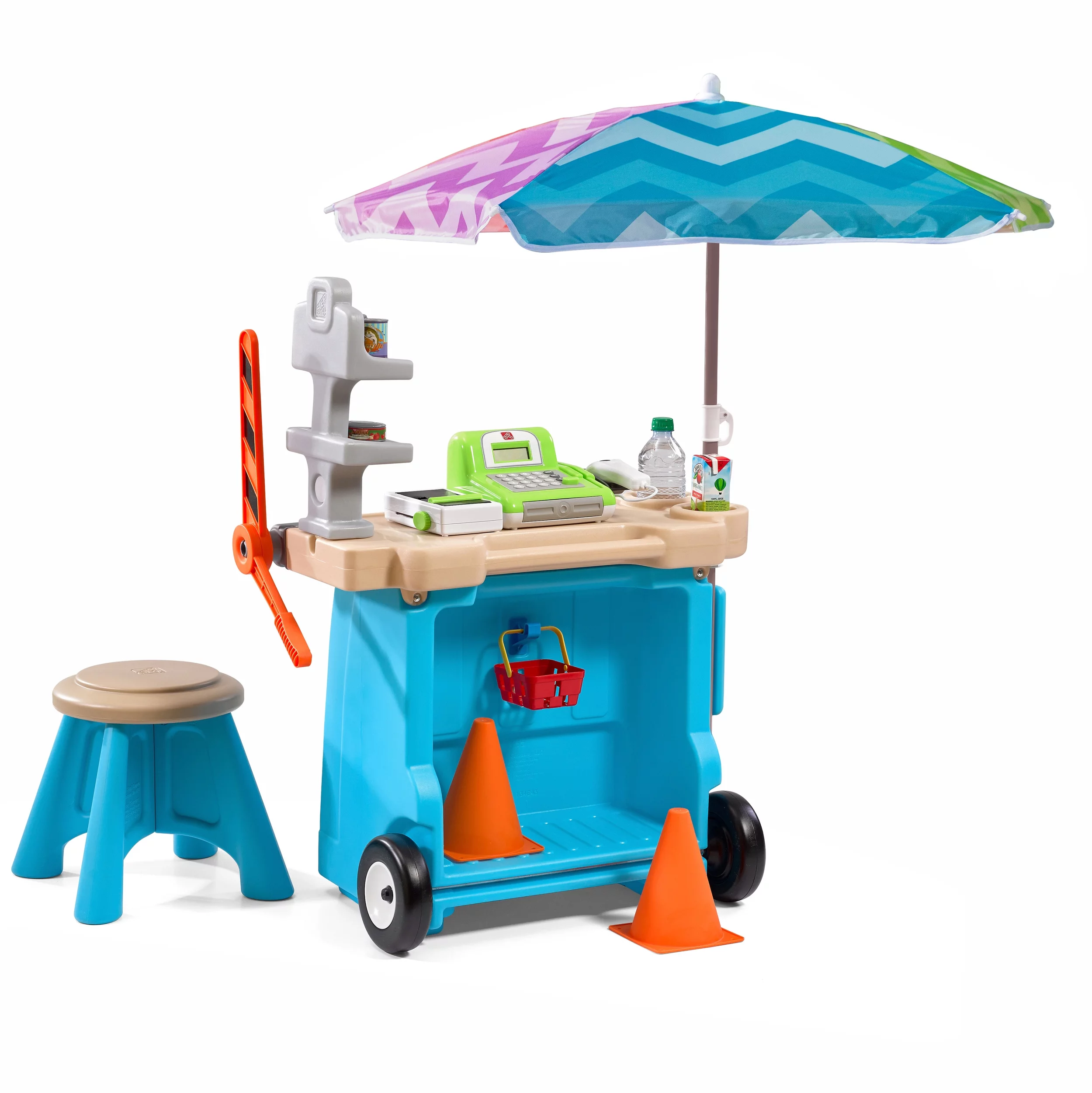 Step2 Stop & Go Market Toddler Blue Kids Plastic Playset with Umbrella