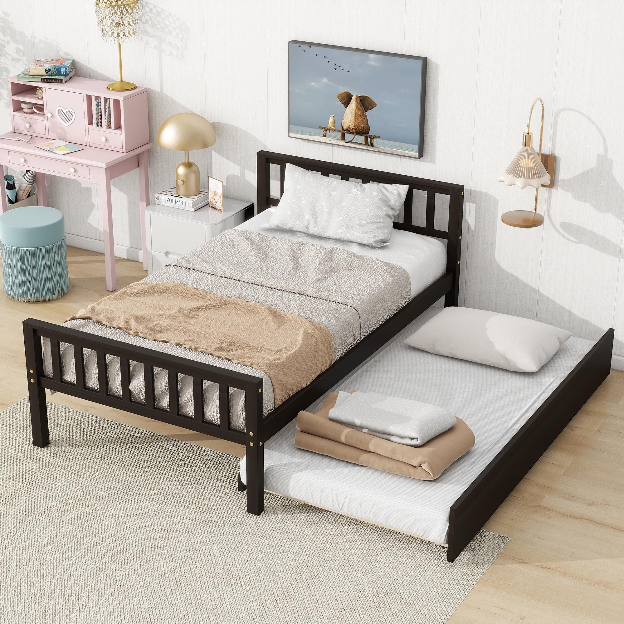 Paproos Twin Size Wood Platform Bed with Trundle, Twin Bed Frame with Headboard and Footboard, Modern Daybed for Kids Teens Adults, No Box Spring Needed, Gray