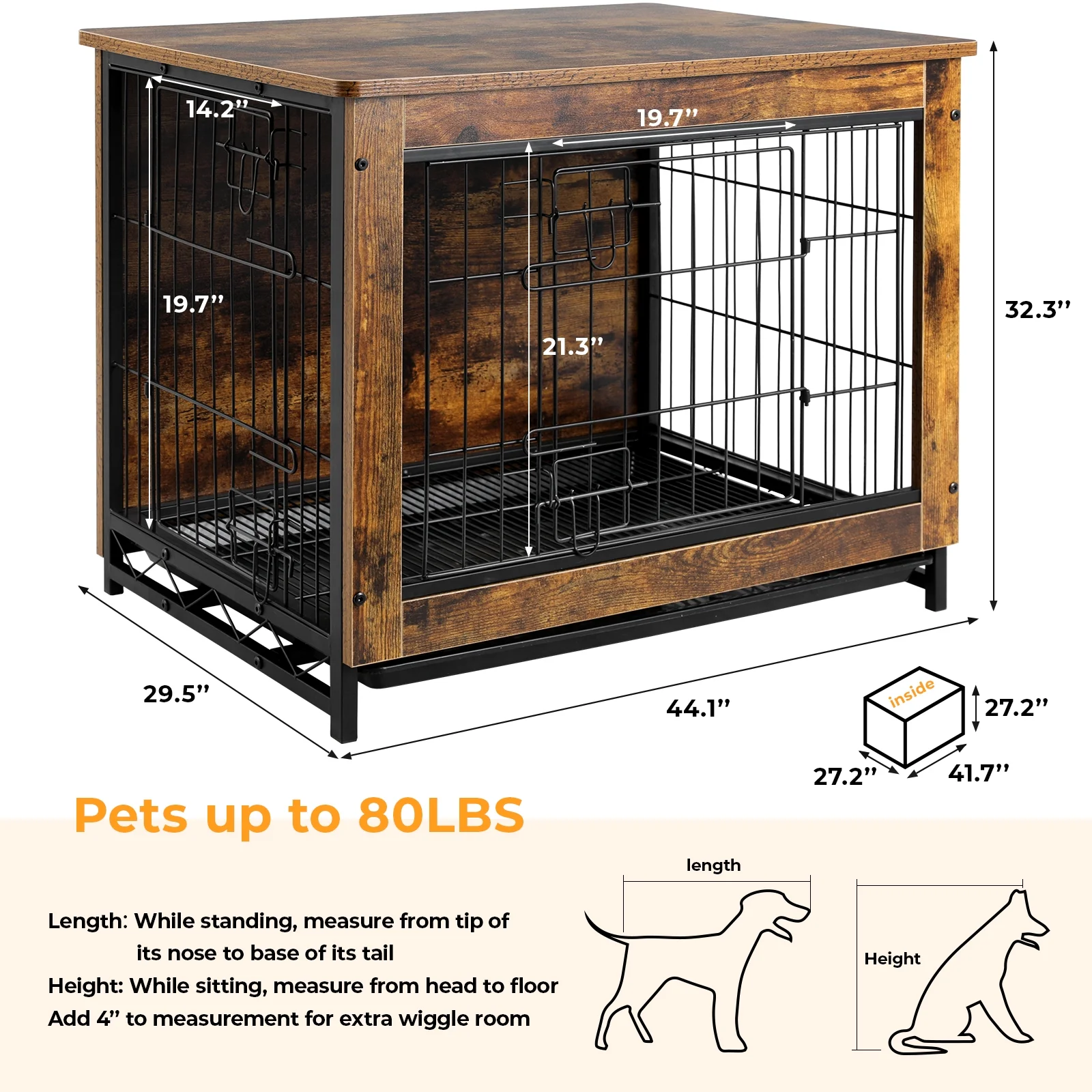 Pirecart Large Dog Crate Furniture Pet Cage Dog Kennel End Table with Double Door, Removable Tray