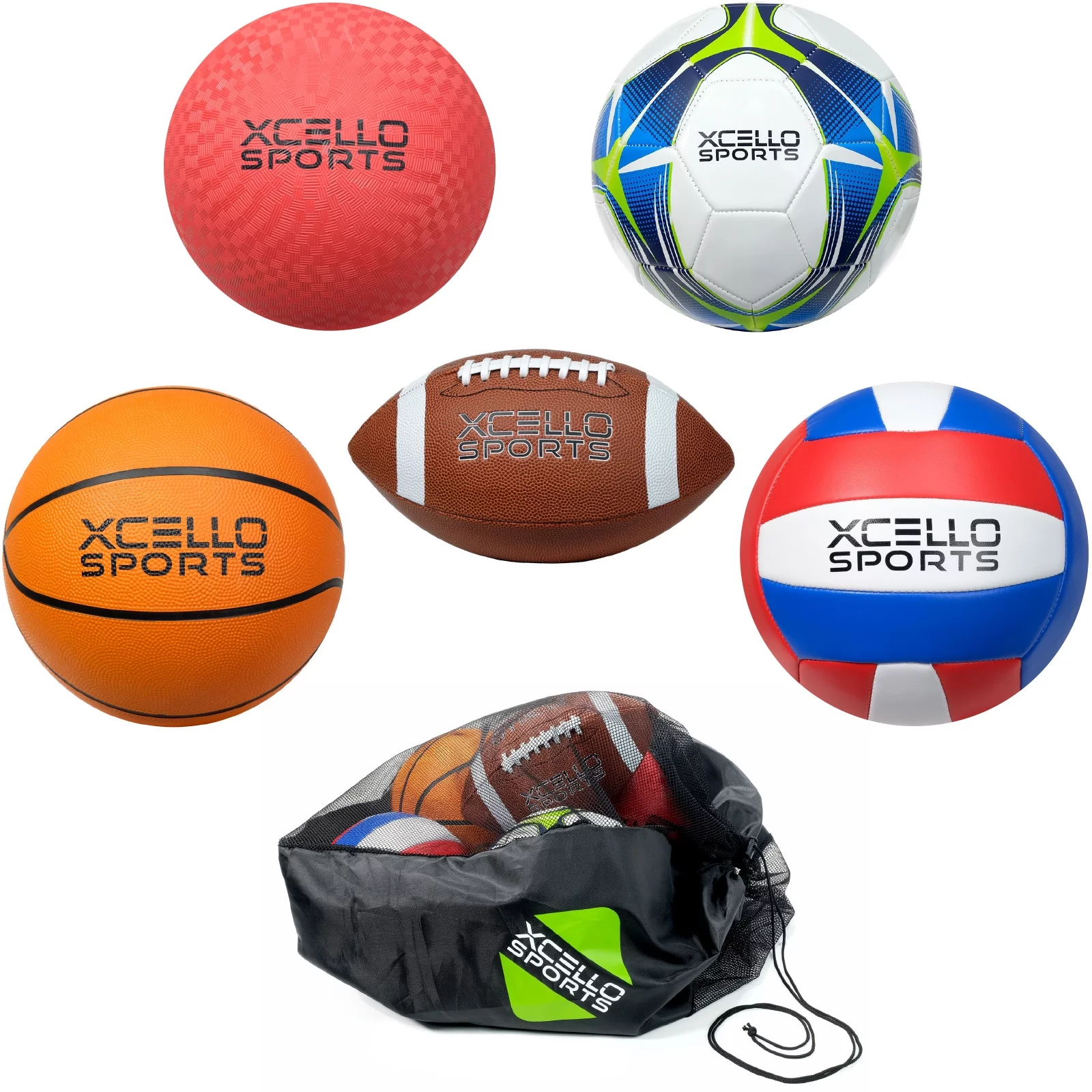 Xcello Sports Multi Sport 5 Ball Assortment, Football, Basketball, Soccer ball, Volleyball, and Kickball with Ball Pump and Carry Bag