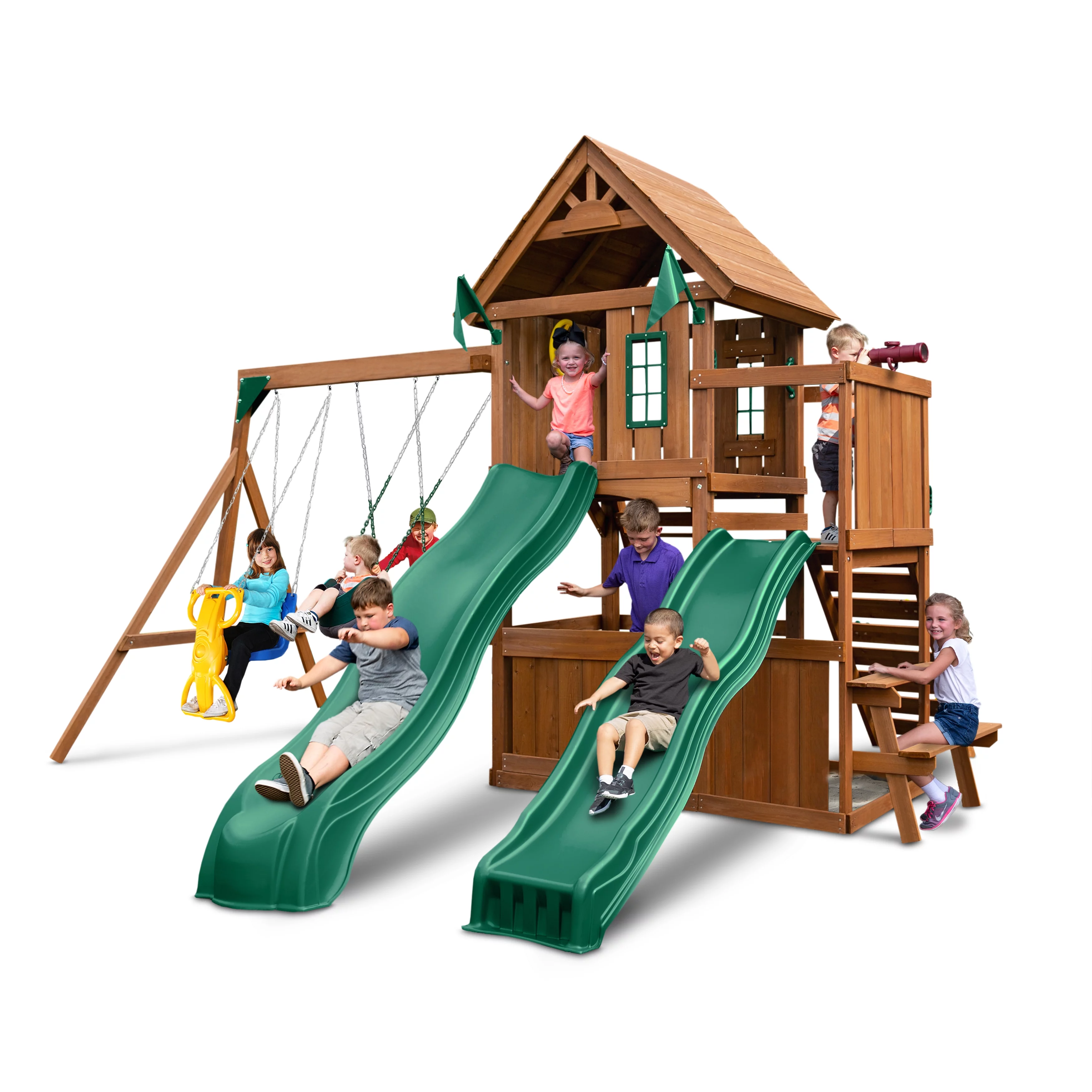 Swing-N-Slide Knightsbridge Deluxe Wood Backyard Swing Set with Two Slides, Wood Roof, Climbing Rock Wall, and Swings