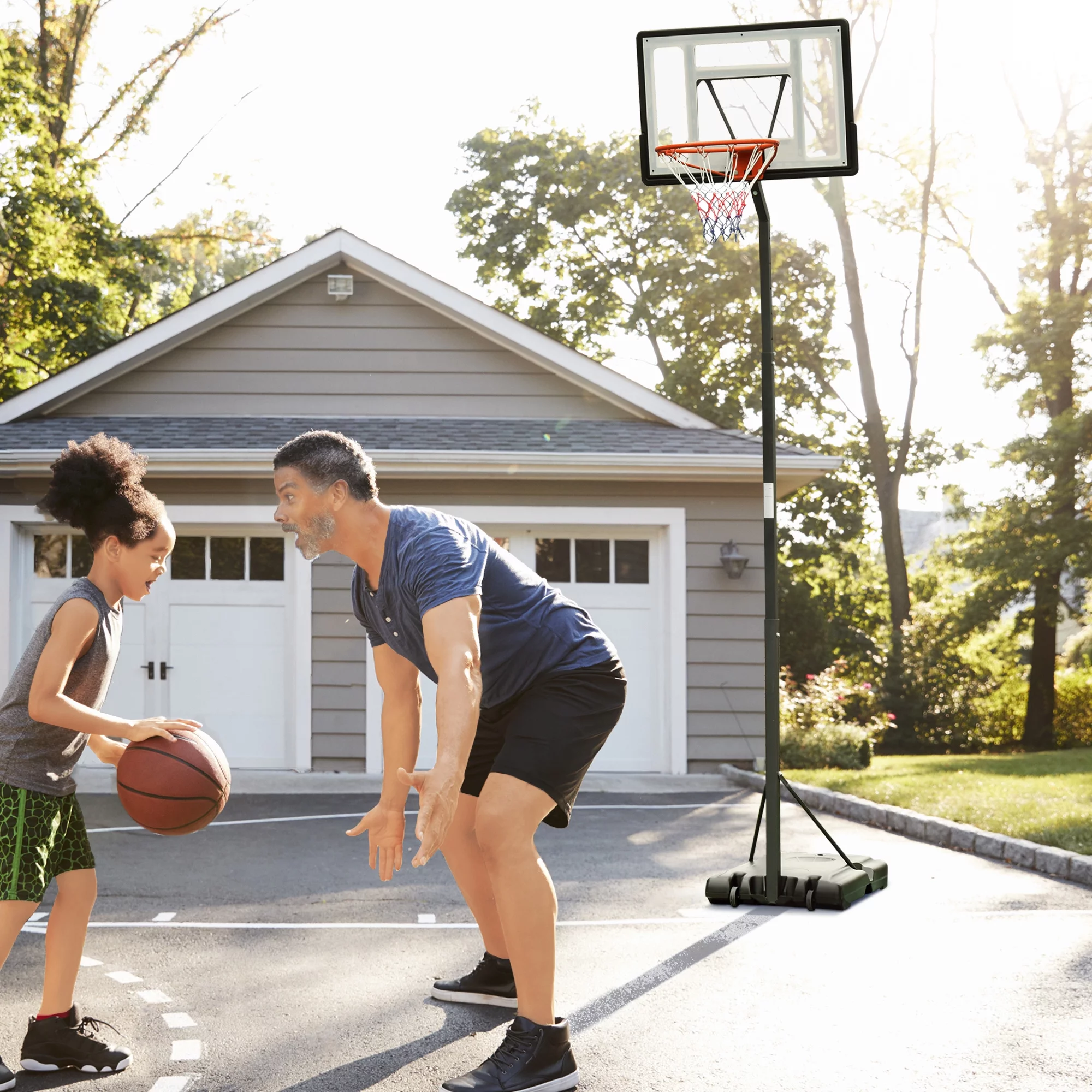 Soozier Portable Basketball System Hoop Stand with 34 In., Backboard, Wheels, Height Adjustable 8 Ft. to 10 Ft. for Indoor and Outdoor Use