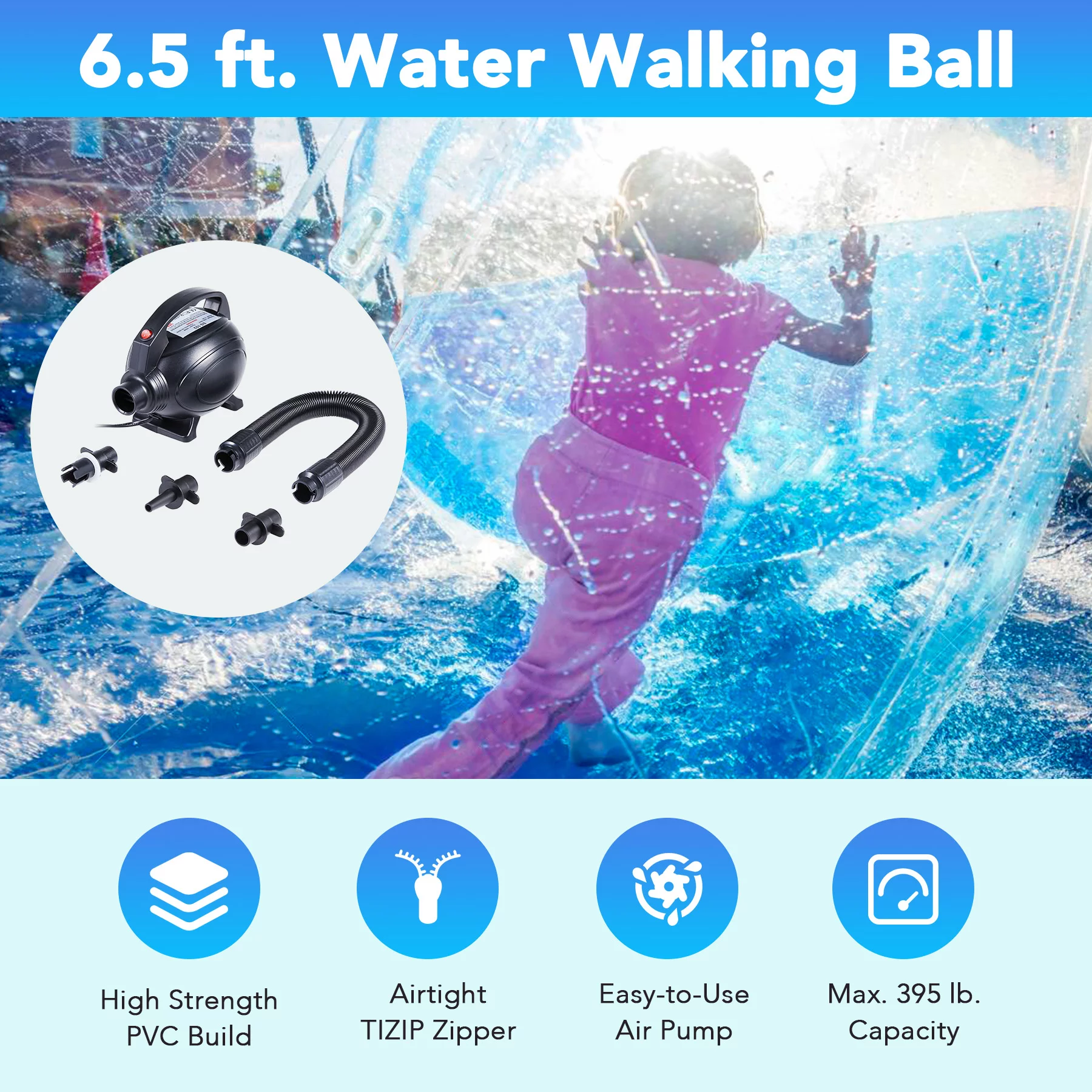 PVC 2M 6.5ft Water Walking Inflatable Ball Zorb Ball German Zipper 180KG