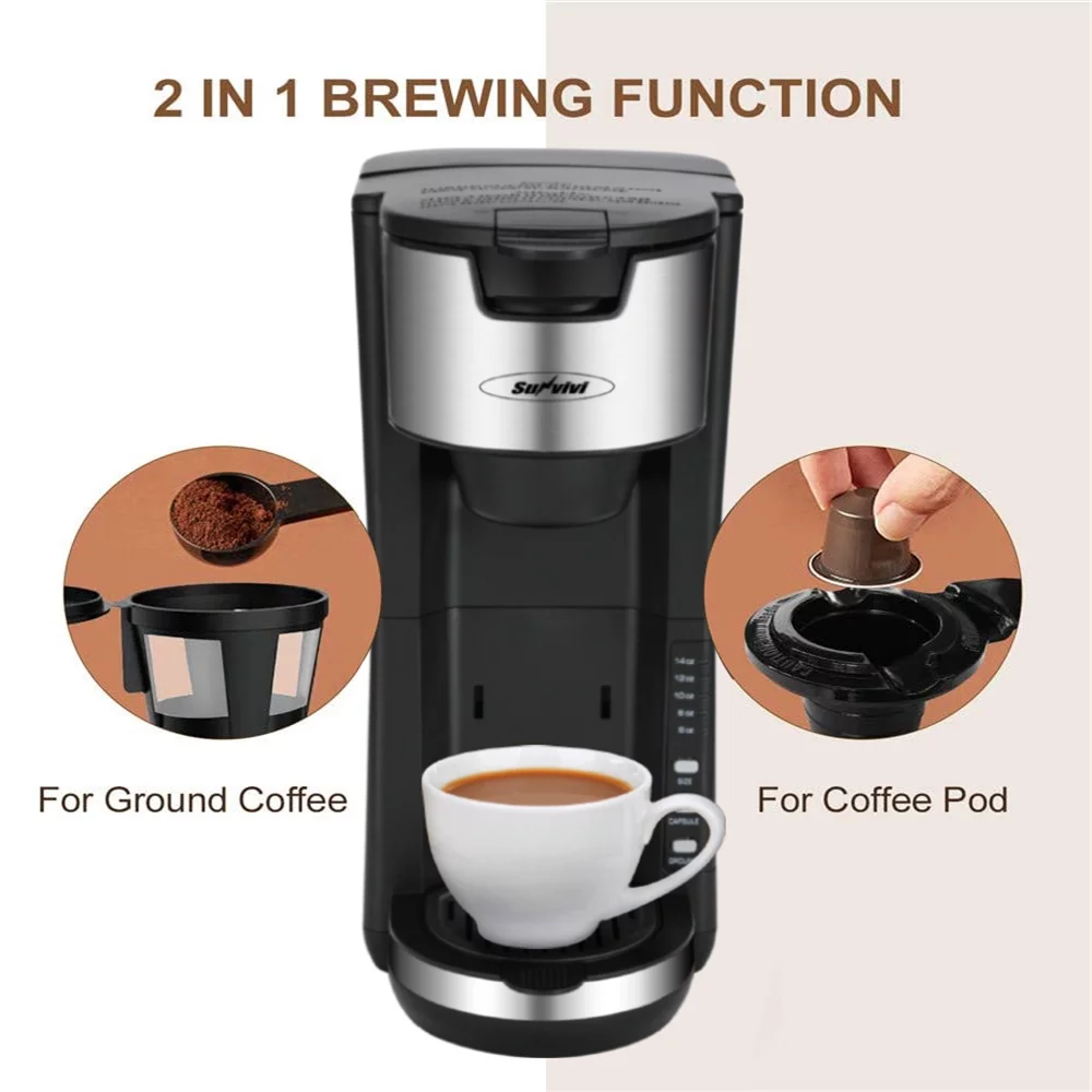 Superjoe Single Serve Coffee Maker, Coffee Machine For Single Cup Pod & Coffee Ground, 30 Oz Removable Reservoir, Compact Coffee Brewer with 6 to 14 oz, Black