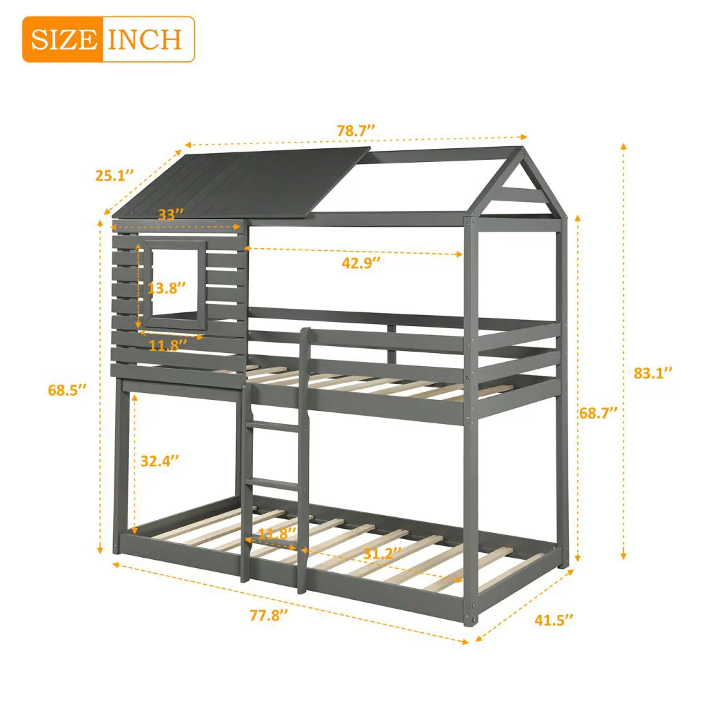 Twin Over Twin Bunk Bed Wood Loft Bed with Roof, Window, Guardrail, Ladder for Kids, Teens, Girls, BoysPlayhouse Design Floor Bed Reliable Safety Design Gray