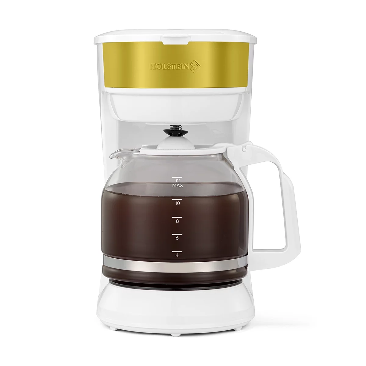 Holstein Housewares 12-Cup Drip Coffee Maker with Auto Keep Warm and Permanent Filter – Compact and User Friendly Design with Auto Pause and Serve Functions, White and Gold