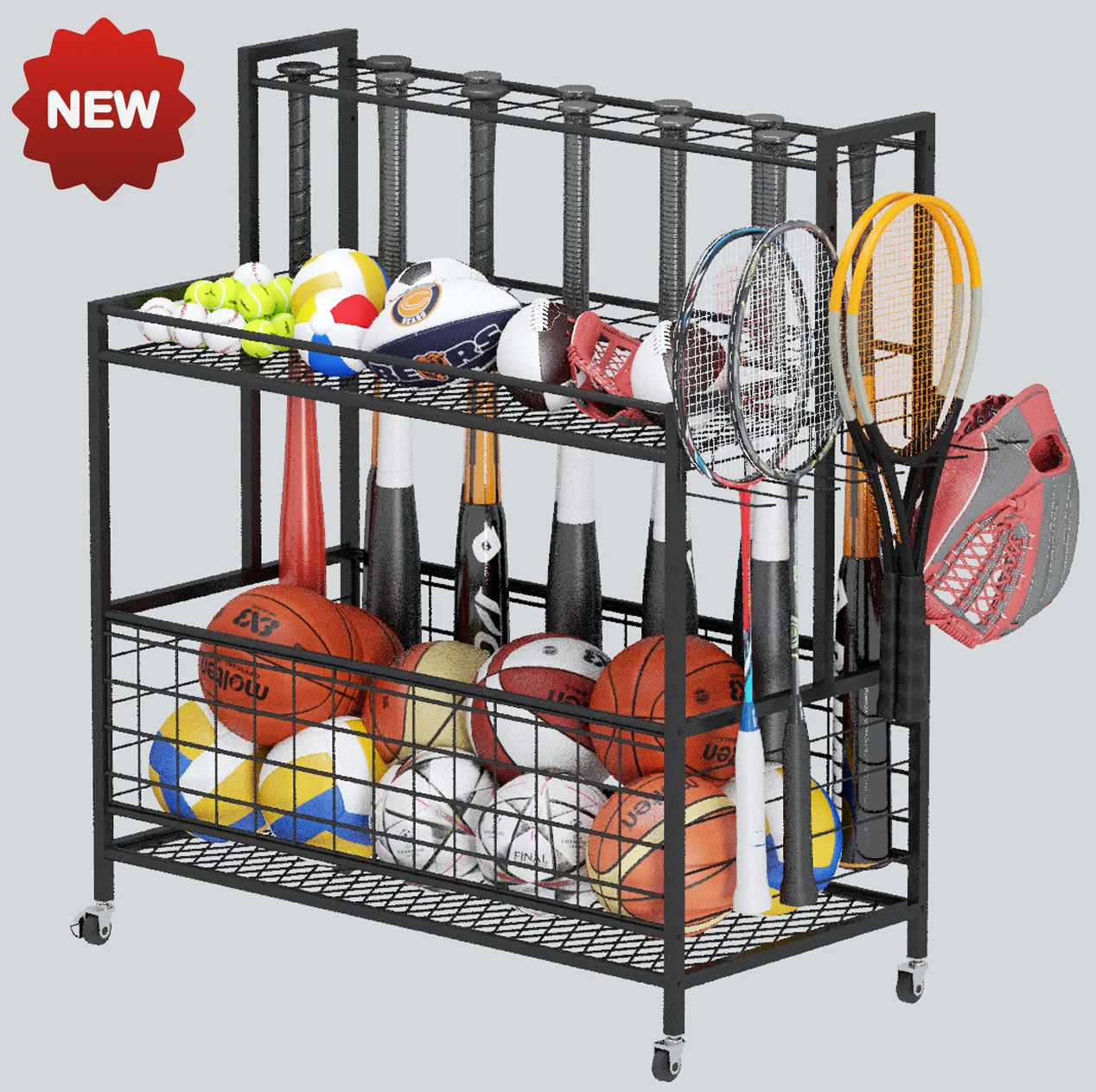 Werseon Garage Basketball Rack, Ball Storage Stand, 4 Tier Rolling Balls Organizer with Holder & Hooks, 41 x 15 x 46 Inch