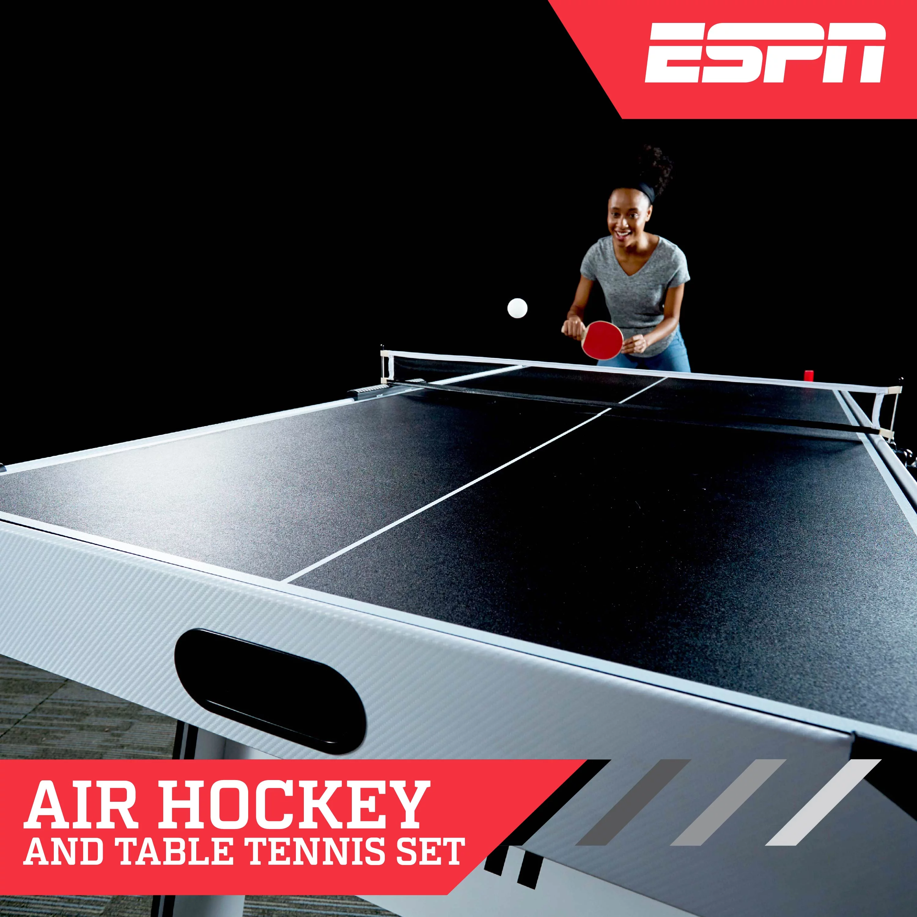 ESPN 6′ Arcade Air Powered Hockey Table and Tennis Top 2-in-1, Combo Game with Accessories, 72 inch x 37 inch x 32 inch