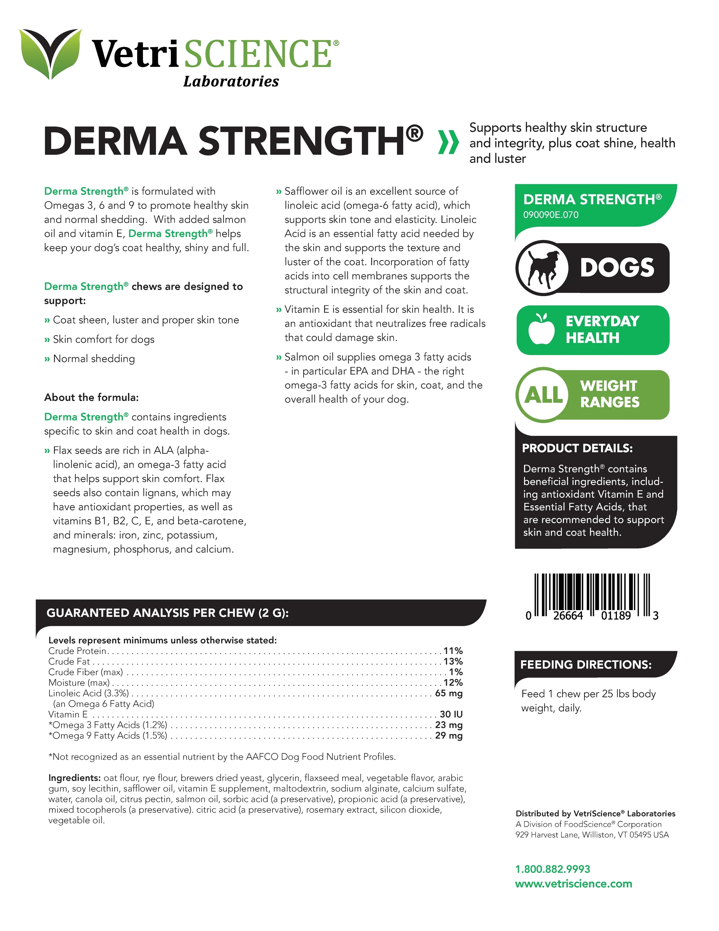 VetriScience Derma Strength Allergy, Immunity and Itchy Skin Supplement for Dogs with Omega 3 6 9, Salmon Flavor, 70 Soft Chews