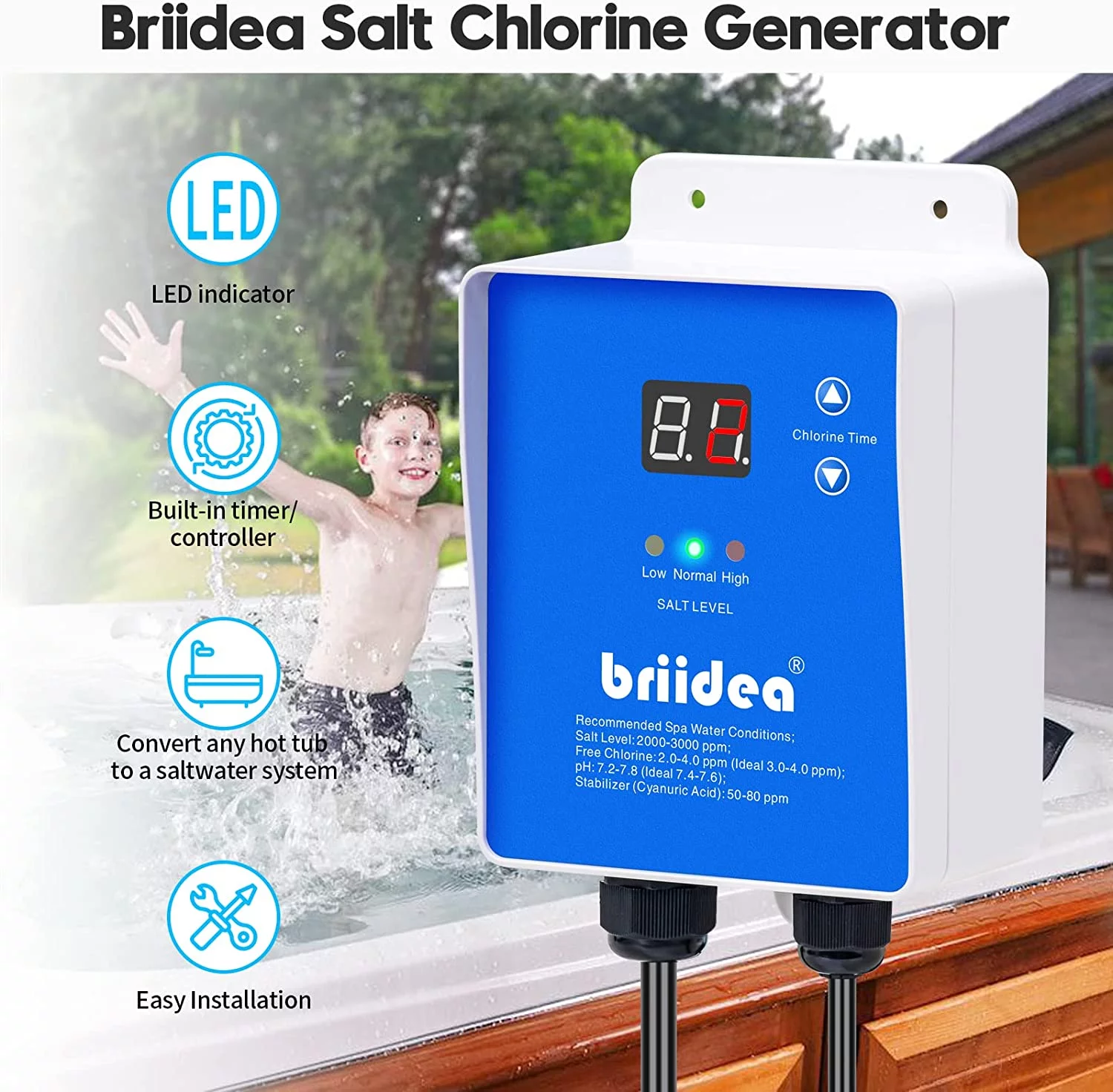 Briidea Chlorine Generator with USA Titanium Salt Cell, for Hot Tubs & Swim Spas, up to 2000 Gallons