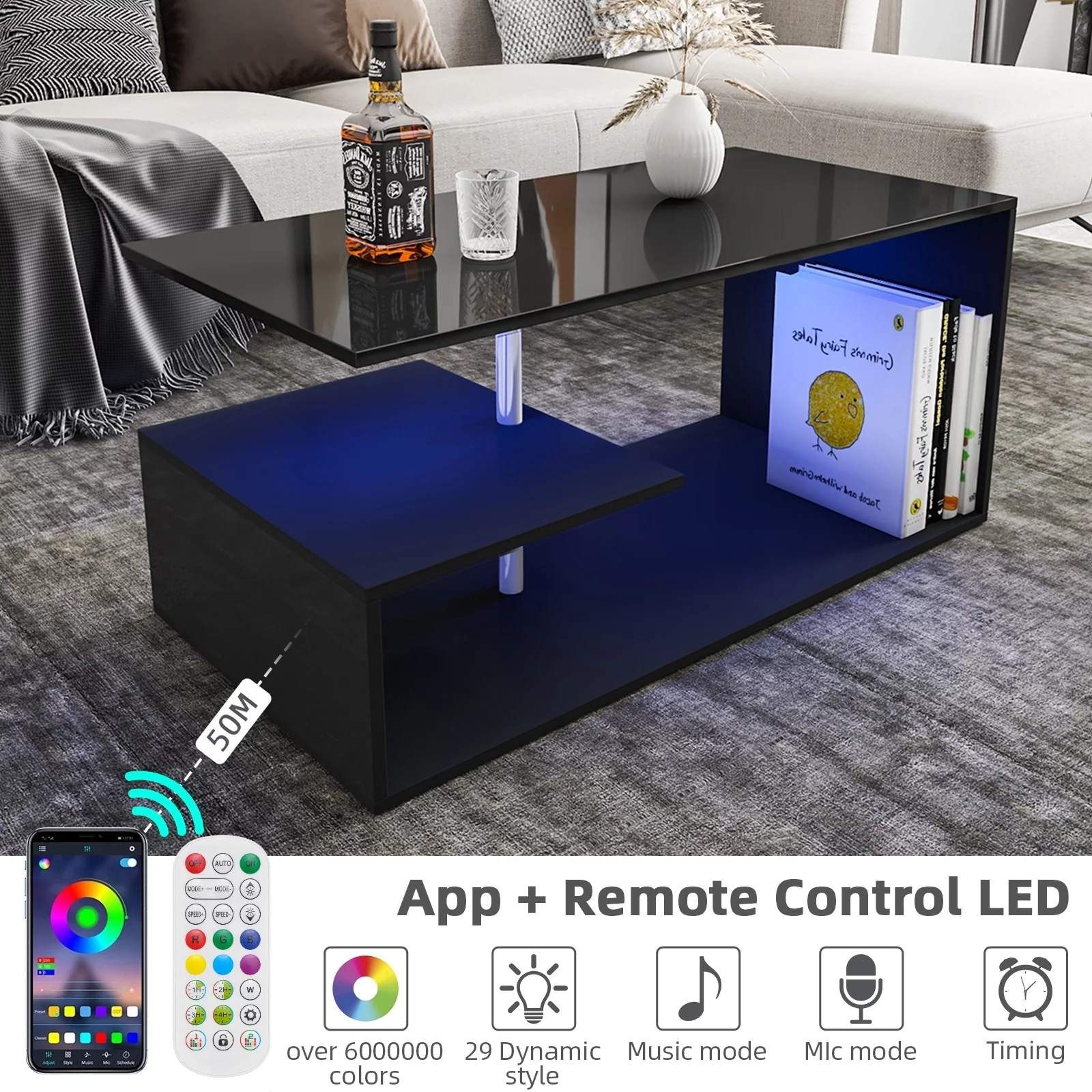 Hommpa High Gloss Coffee Table with Open Shelf LED Lights Smart APP Control White Center Sofa End Table S Shaped Modern Cocktail Tables with for Living Room