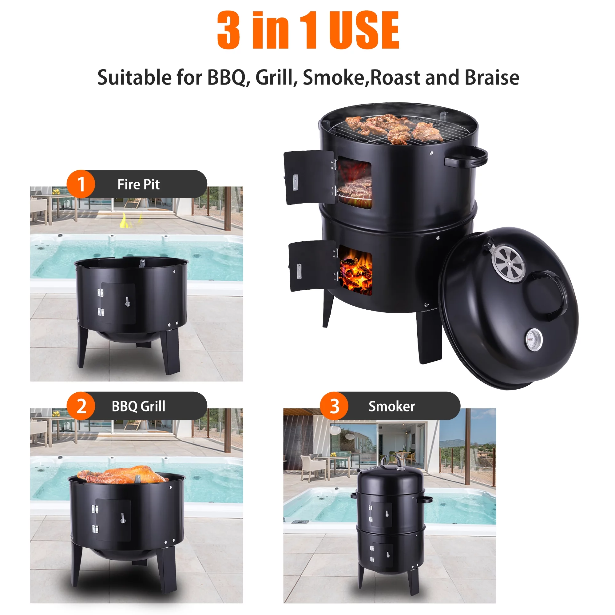 SAYFUT 3-in-1 Vertical Multi-Layer Steel Charcoal Smoker Heavy Duty Round BBQ Grill for Outdoor Cooking Charcoal Grill with Thermometer Outdoor Home Party