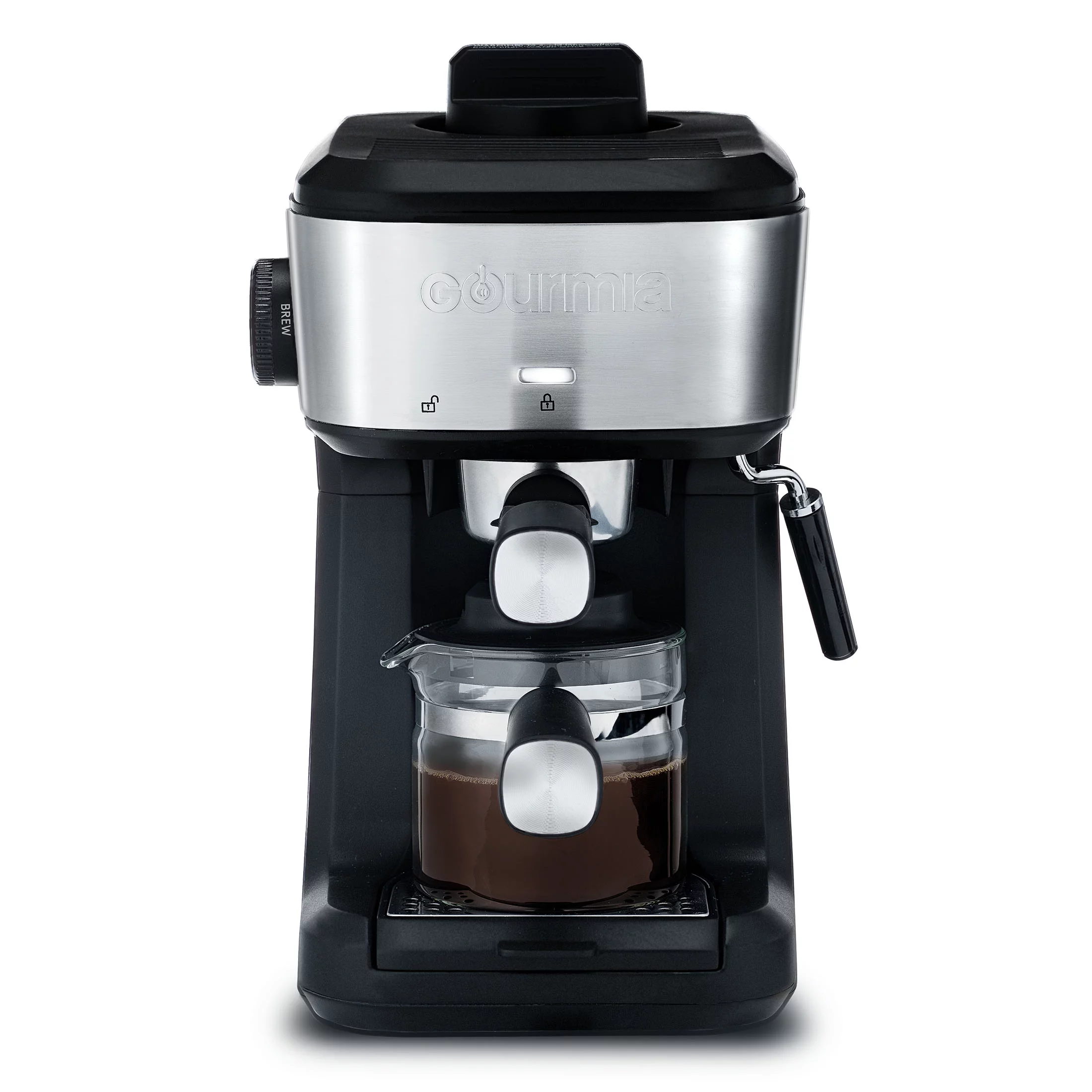 New Gourmia 4-Shot Steam Espresso, Cappuccino, and Latte Maker with Frothing Wand