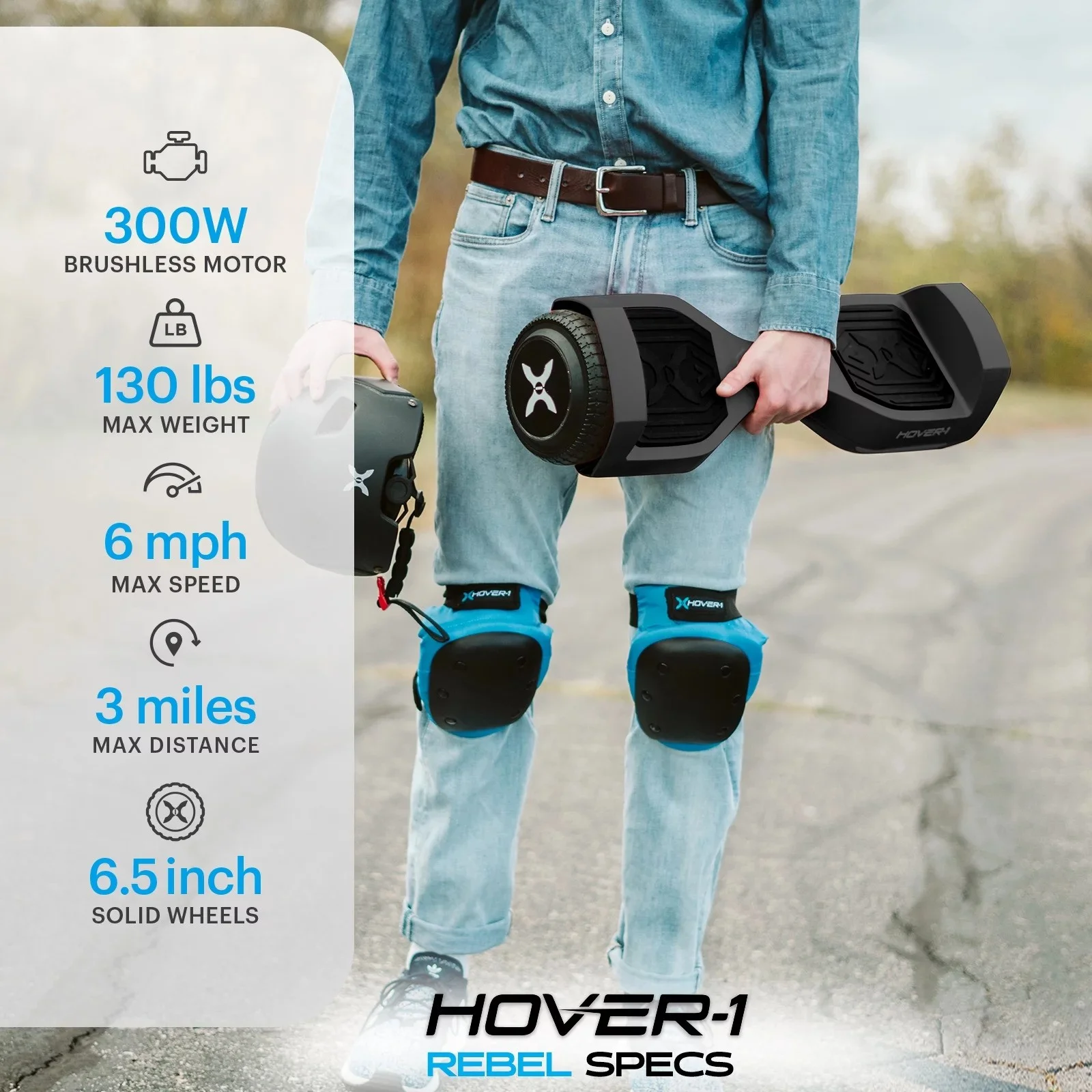 Hover-1 Rebel Hoverboard for Teens, LED Headlights, 6 mph Max Speed, Black