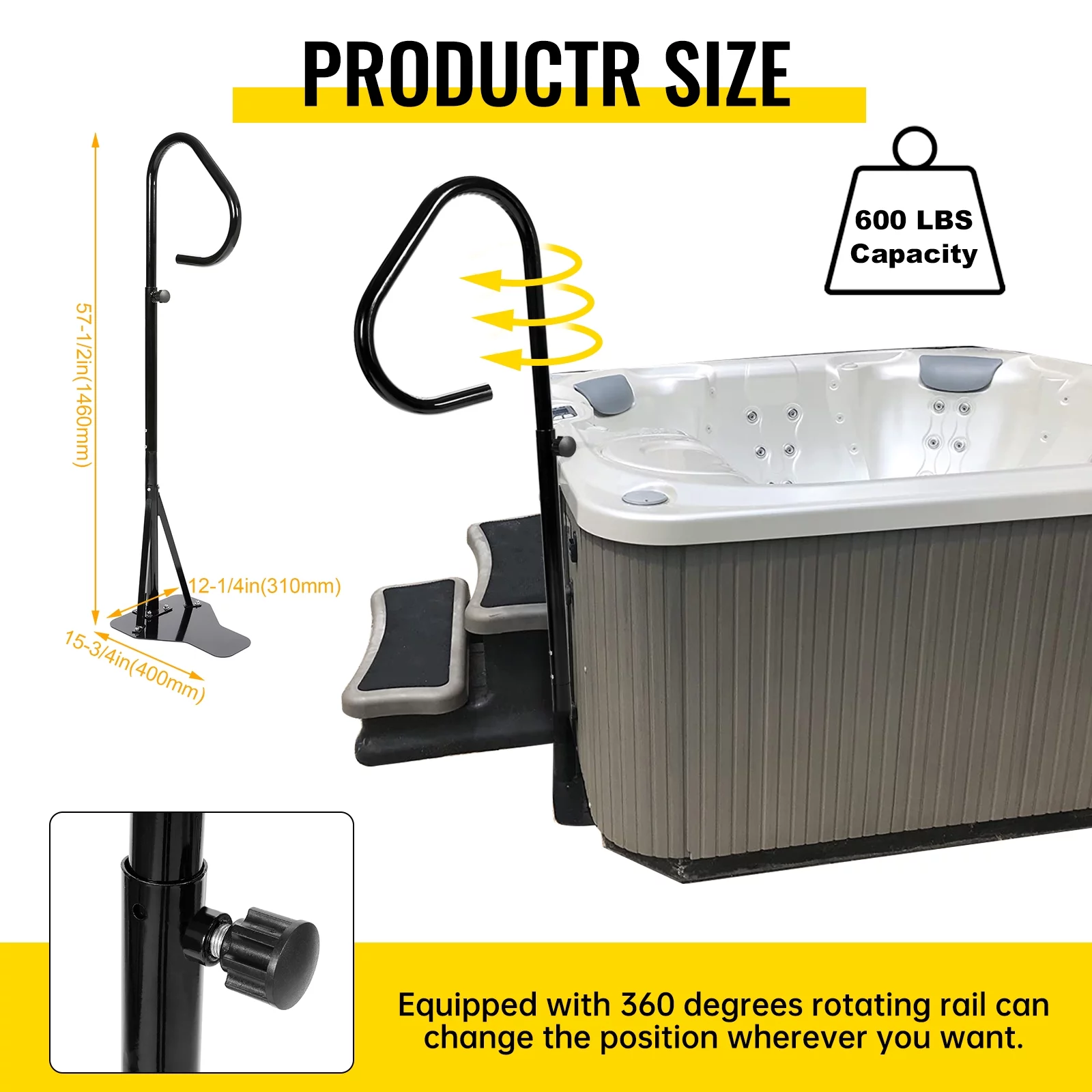 Kojem 57 inch 600 lbs Universal Hot Tub Handrail Bathtub Spa Side Rail Spa Step Bath Tub Grab Bar w/Slide-Under Mounting Base Load Black Powder Coated