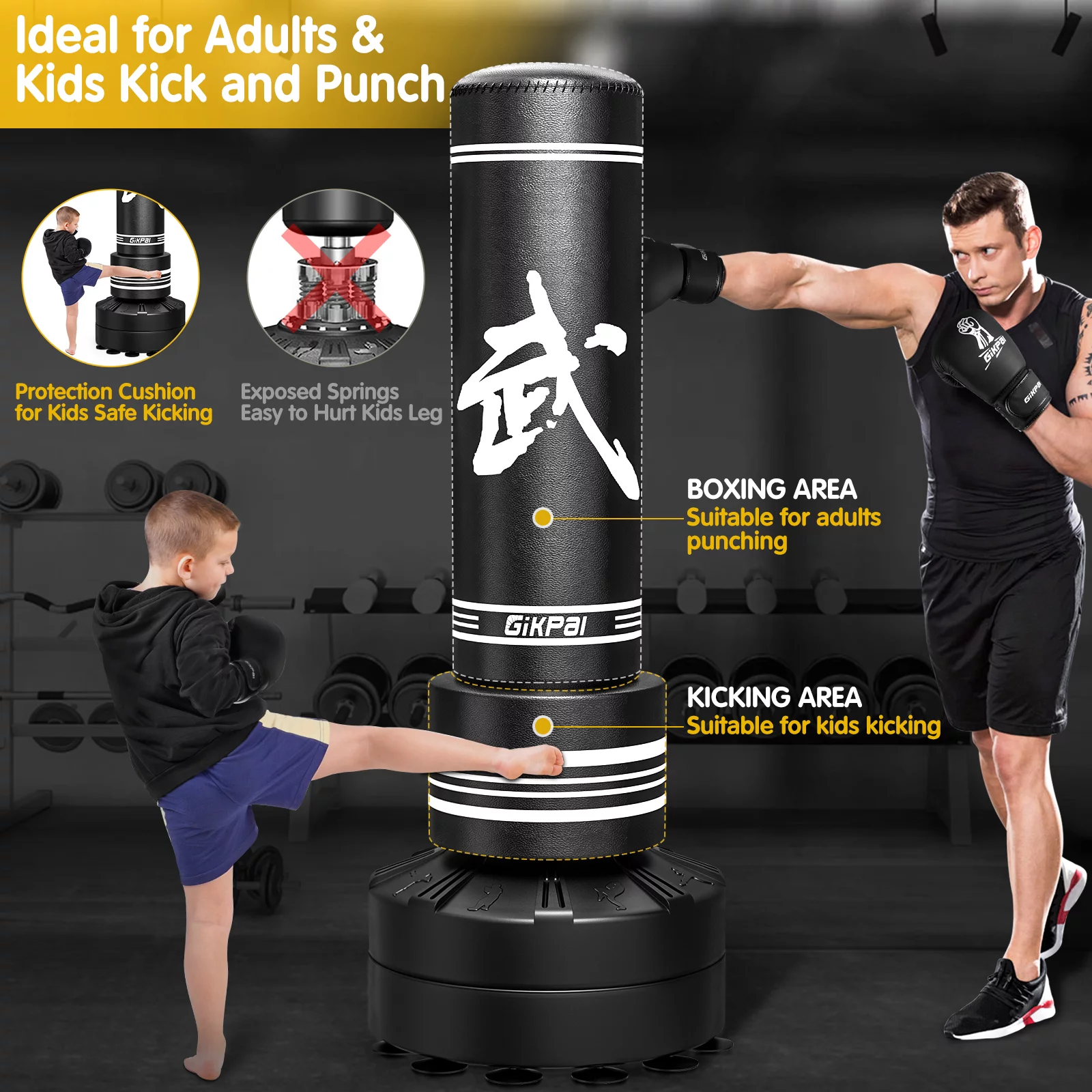 GIKPAL Punching Bag 67″-182lbs Heavy Boxing Bag with Stand for Adult Youth Kids – Freestanding Kickboxing Bag for Home Gym Office