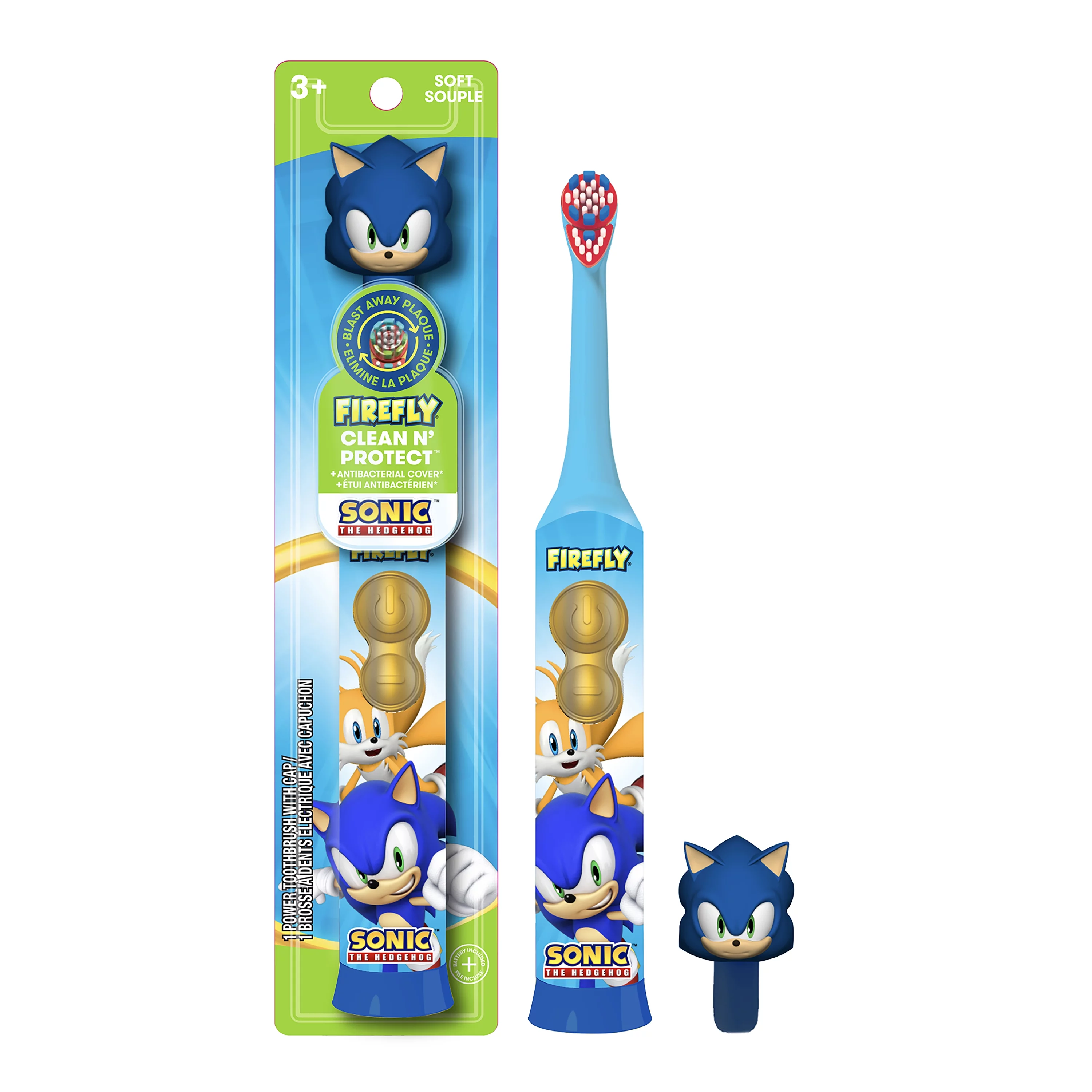 Firefly Clean N’ Protect Sonic the Hedgehog Toothbrush, Antibacterial Cover, Soft, Ages 3+, 1 Count