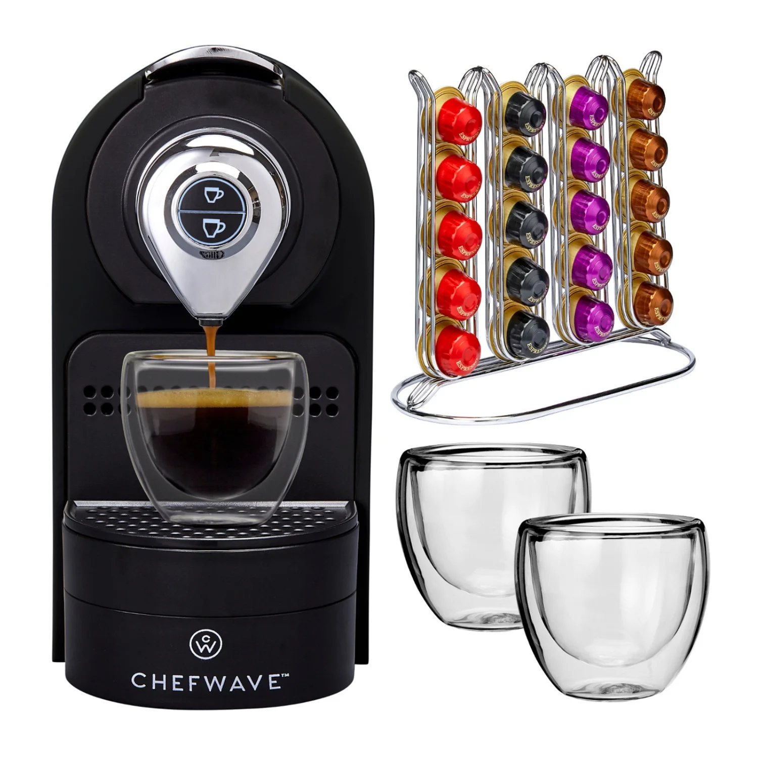 ChefWave Mini Espresso Machine (Black) with Coffee Capsules and Holder Bundle