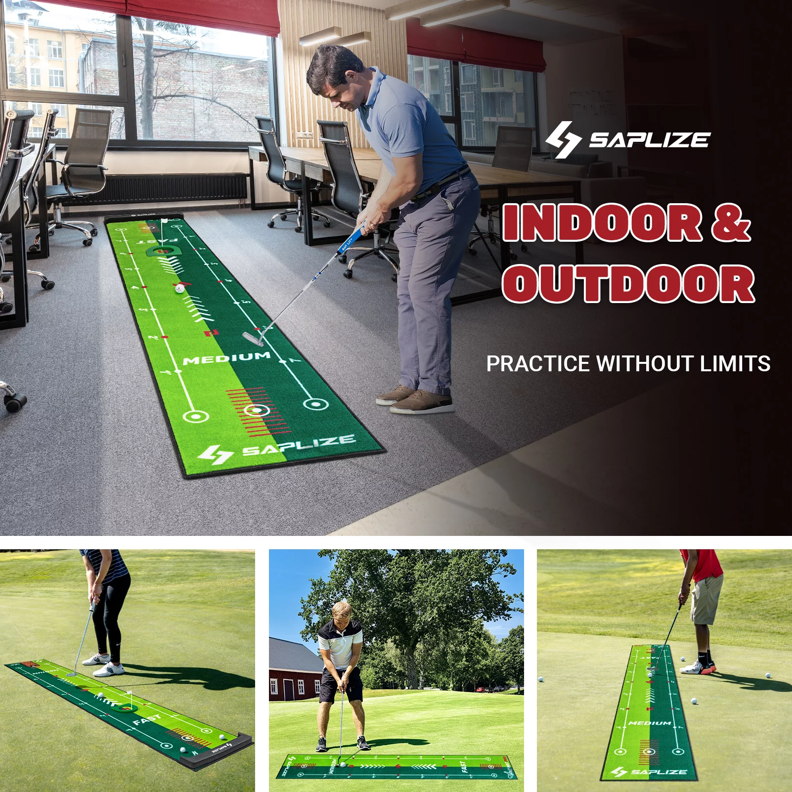 SAPLIZE Two-Speed Golf Putting Practice Mat with Putting Alignment Mirror, 20 in X 10 ft Putting Training Aid Mat, Anti-Slip Backing Golf Putting Green for Indoor/Outdoor