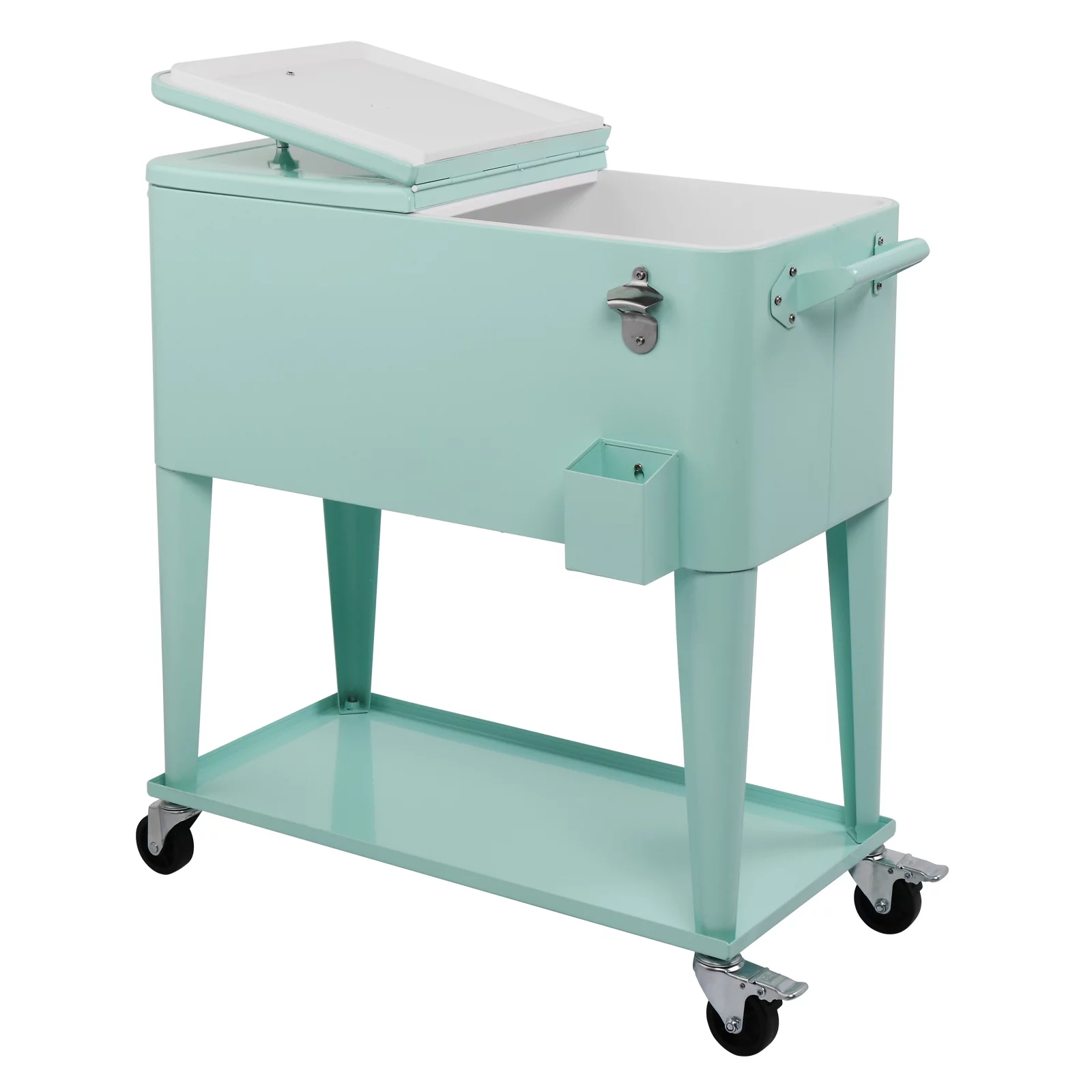 Portable Rolling Cooler Cart 80 Quart Cooler cart, Ice Chest Cart Trolley Rolling Cart Cooler with Wheels Outdoor Beverage Cooler for Patio Ice Chest with Shelf, Water Pipe and Bottle Opener