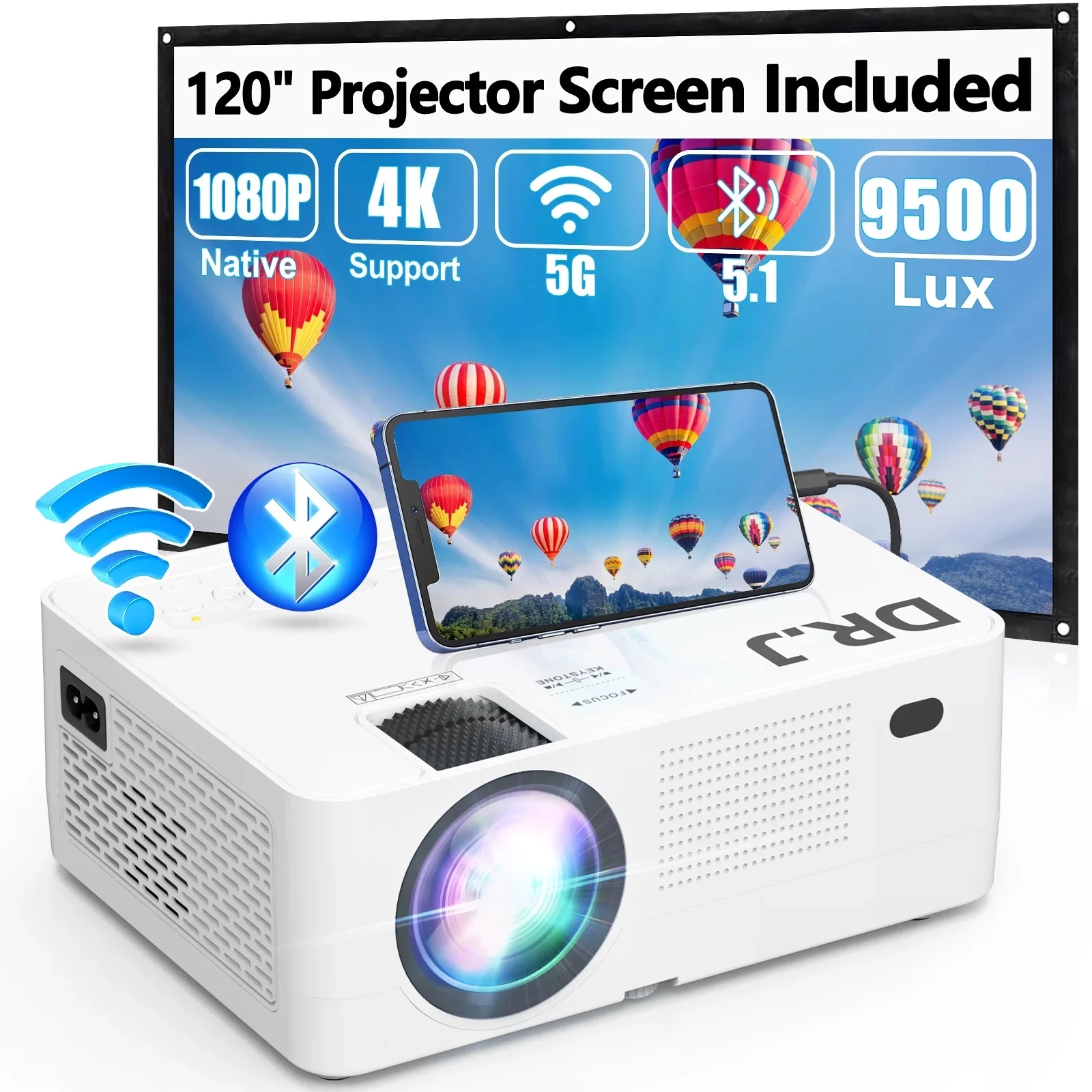 DR.J Professional Native 1080P 5G Wifi 250″ Display Projector with Bluetooth 5.1, Full HD 4K 9500 Lux Outdoor Movie Projector, 120″ Screen Included