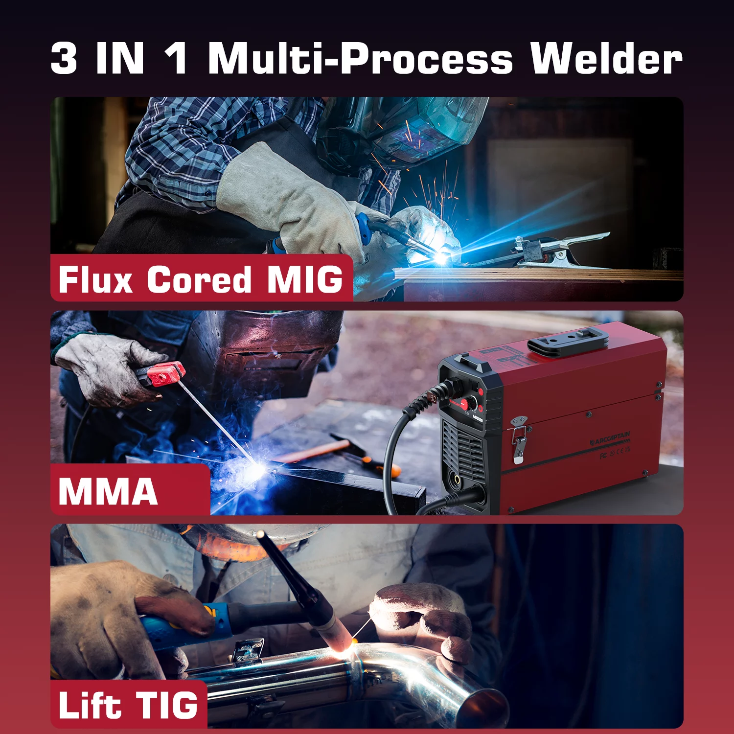 ARCCAPTAIN 3 in 1 MIG Welder Machine, 130A Flux Core Wire Feed Welder 110V, MMA/ MIG/ LIFT TIG, Portable Welding Machine with Synergy Control