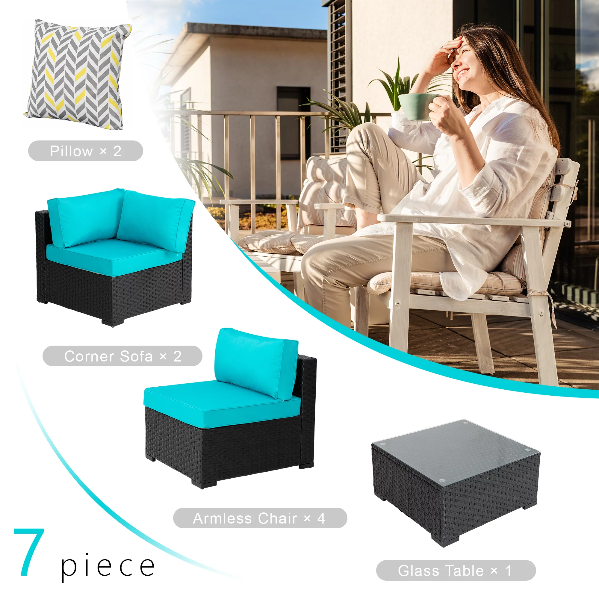 7 Pieces Outdoor Sectional Sofa Furniture Sets, All-Weather Black Wicker Patio Furniture Sets with Tea Table and Washable Couch Cushions Aegean Blue