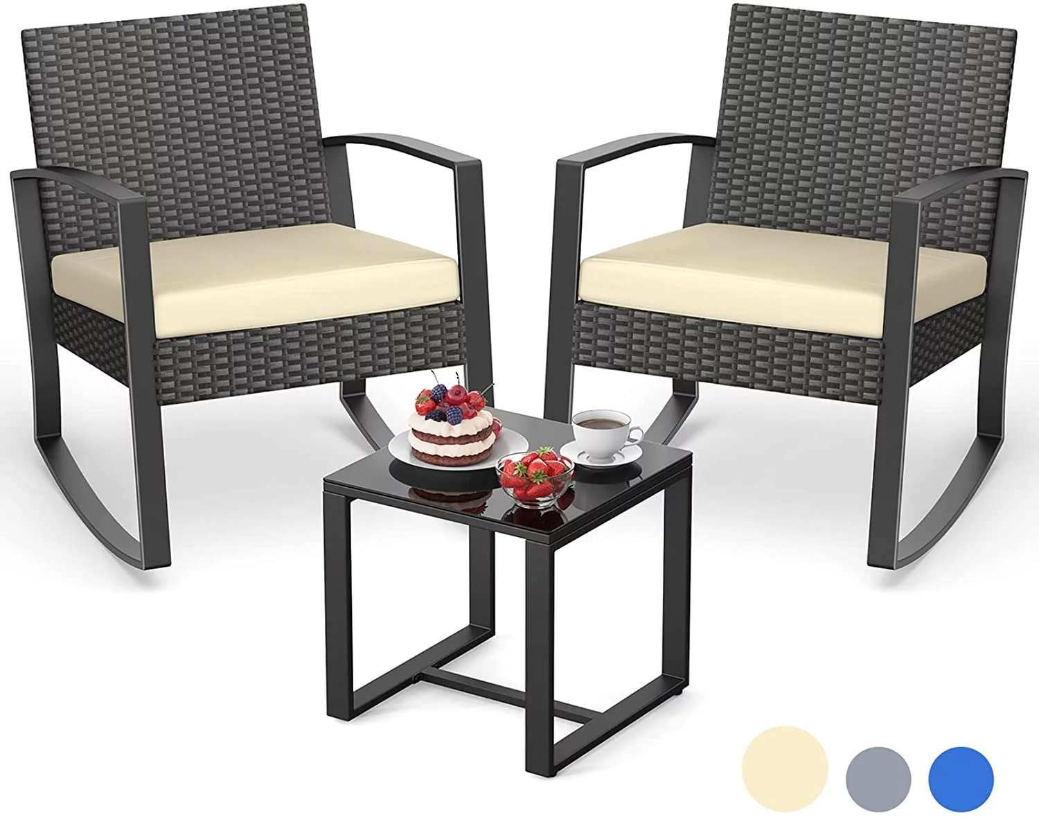 Lofka 3-Piece Patio Wicker Chairs Set with a Coffee Table, Balcony Furniture for Yard, Patio, Modern Garden and Bistro, Gray Cushion