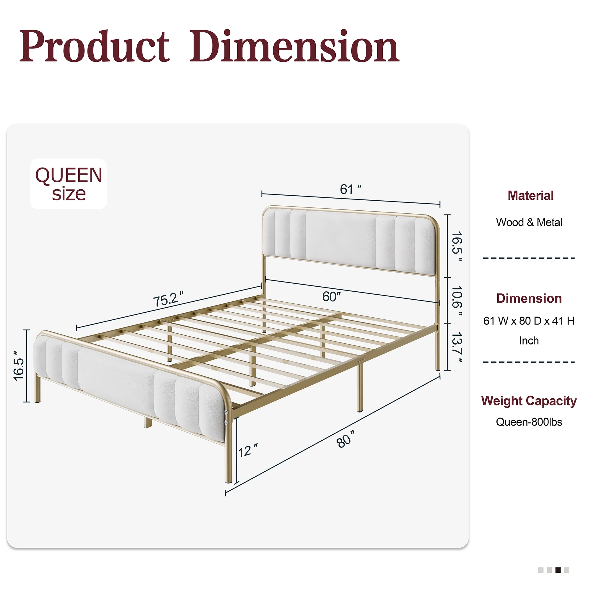 Walsunny Gold Queen Size Bed Frame with Velvet Fabric Headboard, Metal Platform Bed with 13″ Storage Space, Solid Metal Slats Support